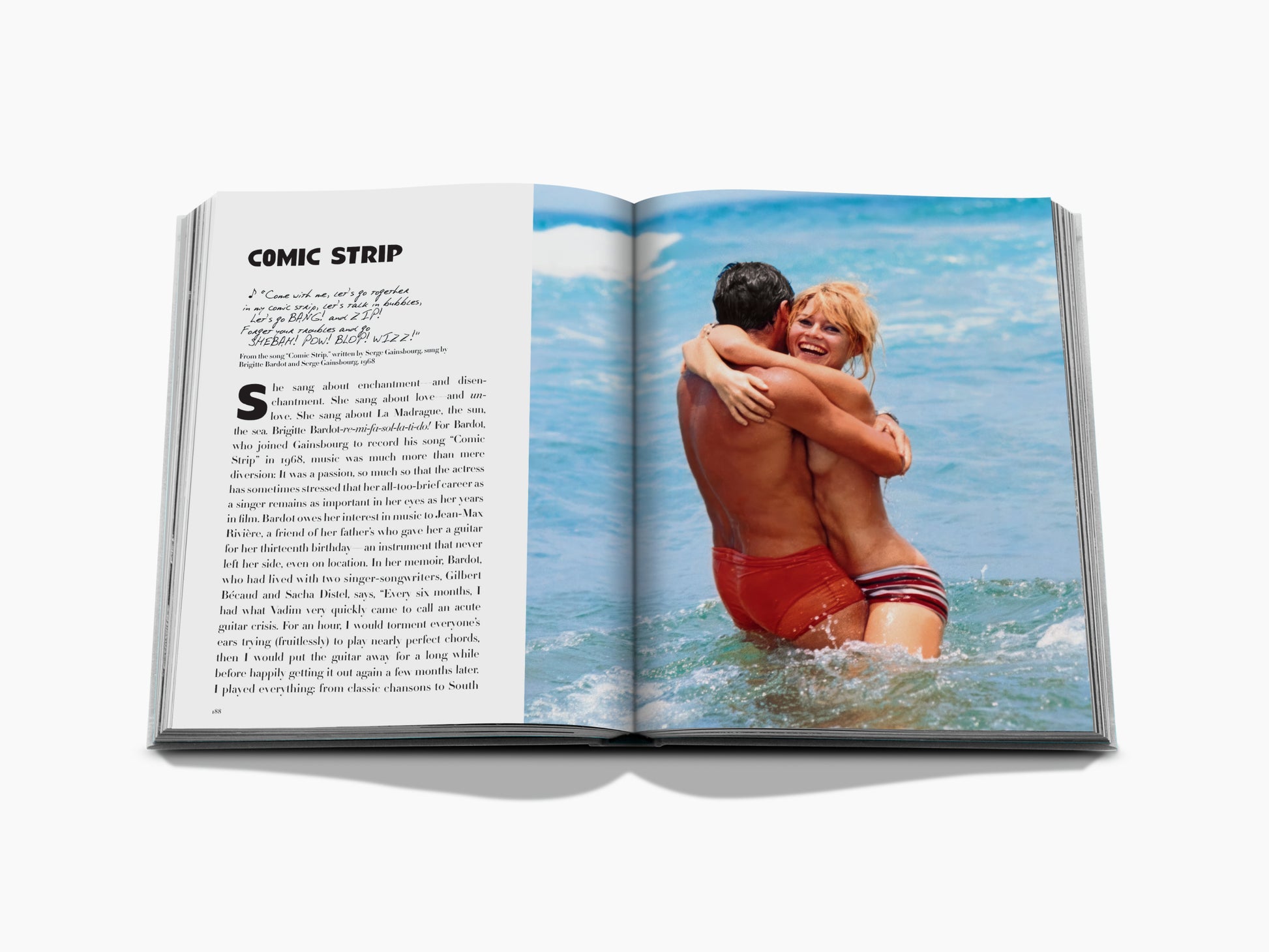 Open book spread showing a comic strip on the left and a couple embracing in the sea on the right