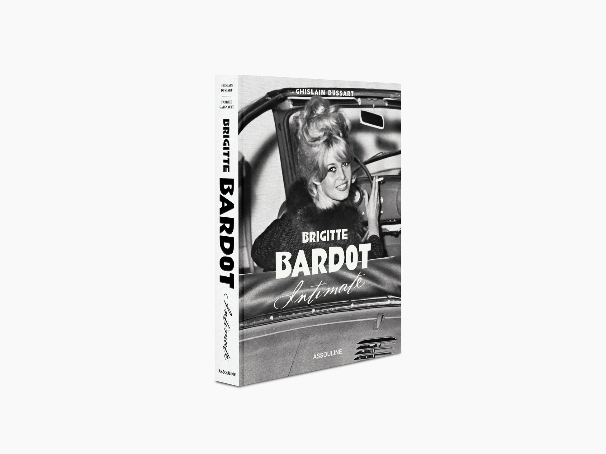 Brigitte Bardot Intimate book cover showing Bardot in a vintage car in black and white.