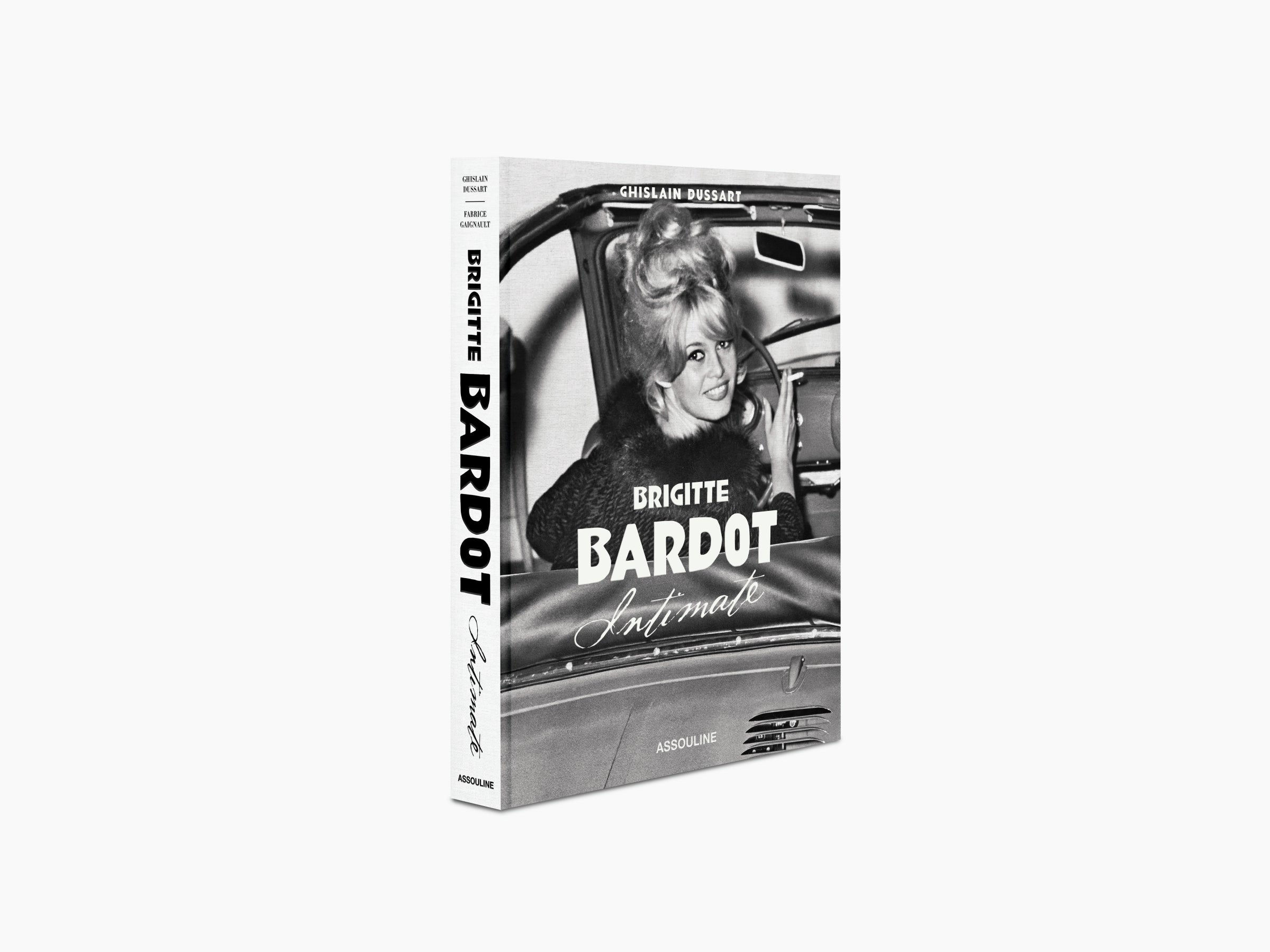 Brigitte Bardot Intimate book cover showing Bardot in a vintage car in black and white.