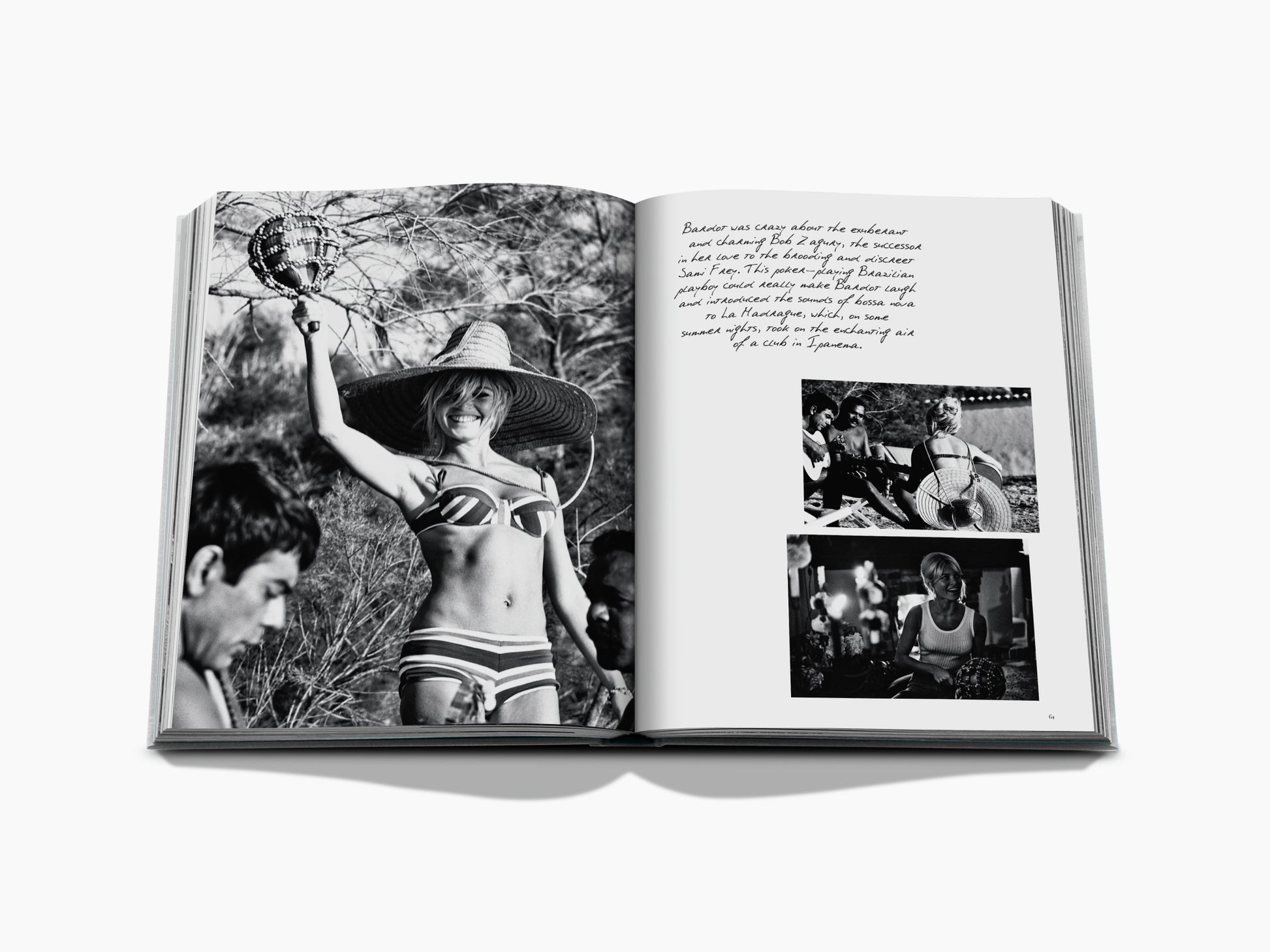 Brigitte Bardot in a striped bikini and wide hat posing on a sunny beach with smaller photos on the opposite page