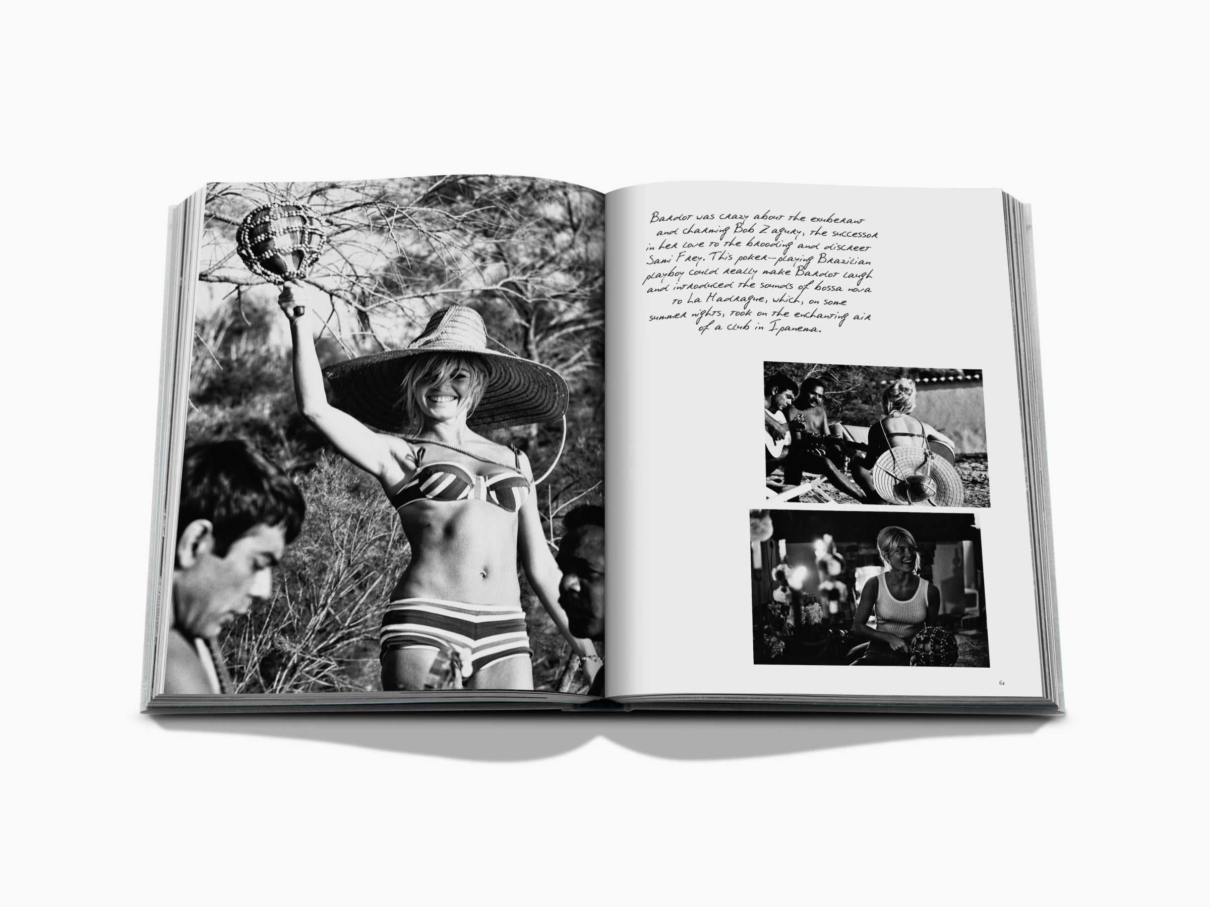 Brigitte Bardot in a striped bikini and wide hat posing on a sunny beach with smaller photos on the opposite page