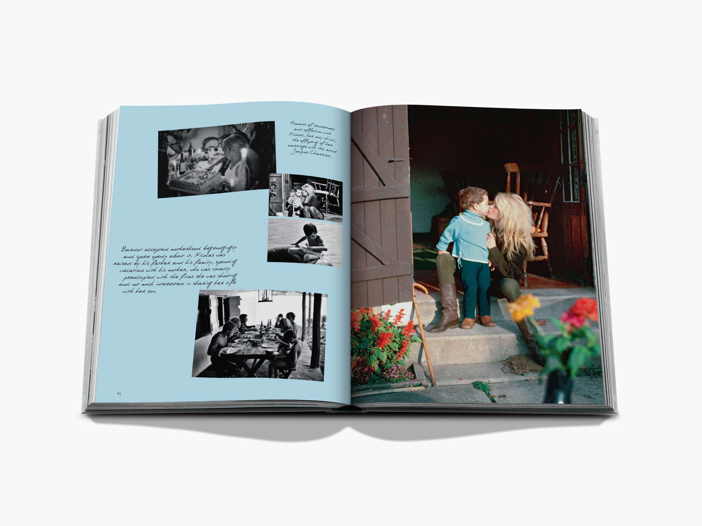 Open book spread with a blue collage page of small black and white photos and notes beside a color Bardot with a child.