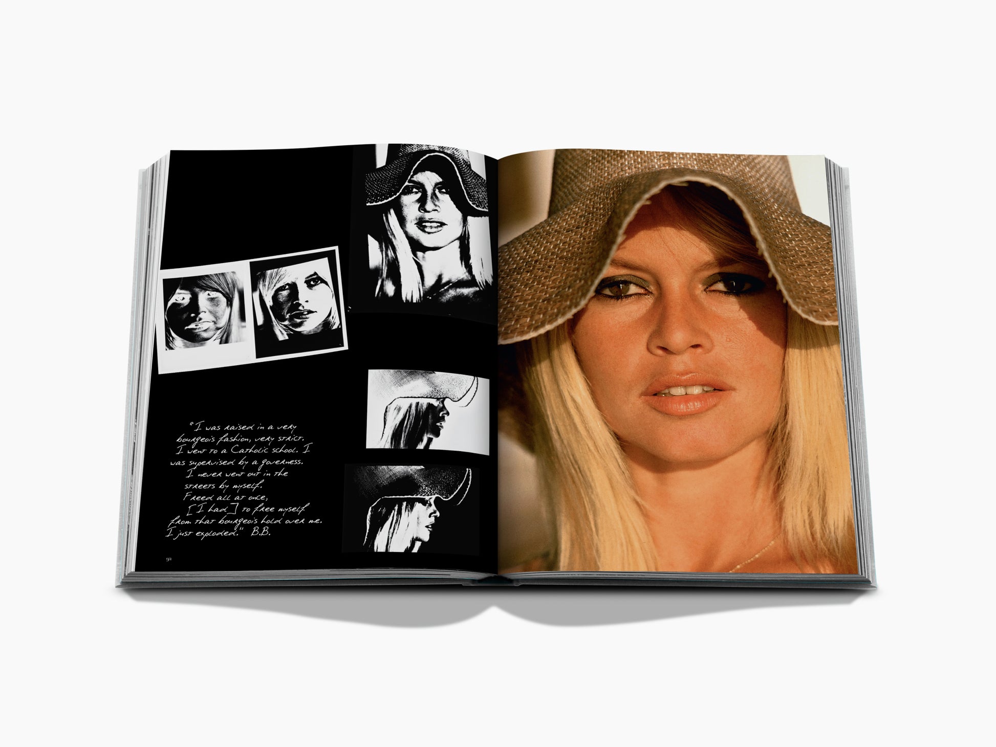 Black left page with a photo collage and the headline A VERY PRIVATE AFFAIR beside a close-up Bardot portrait in a wide hat.
