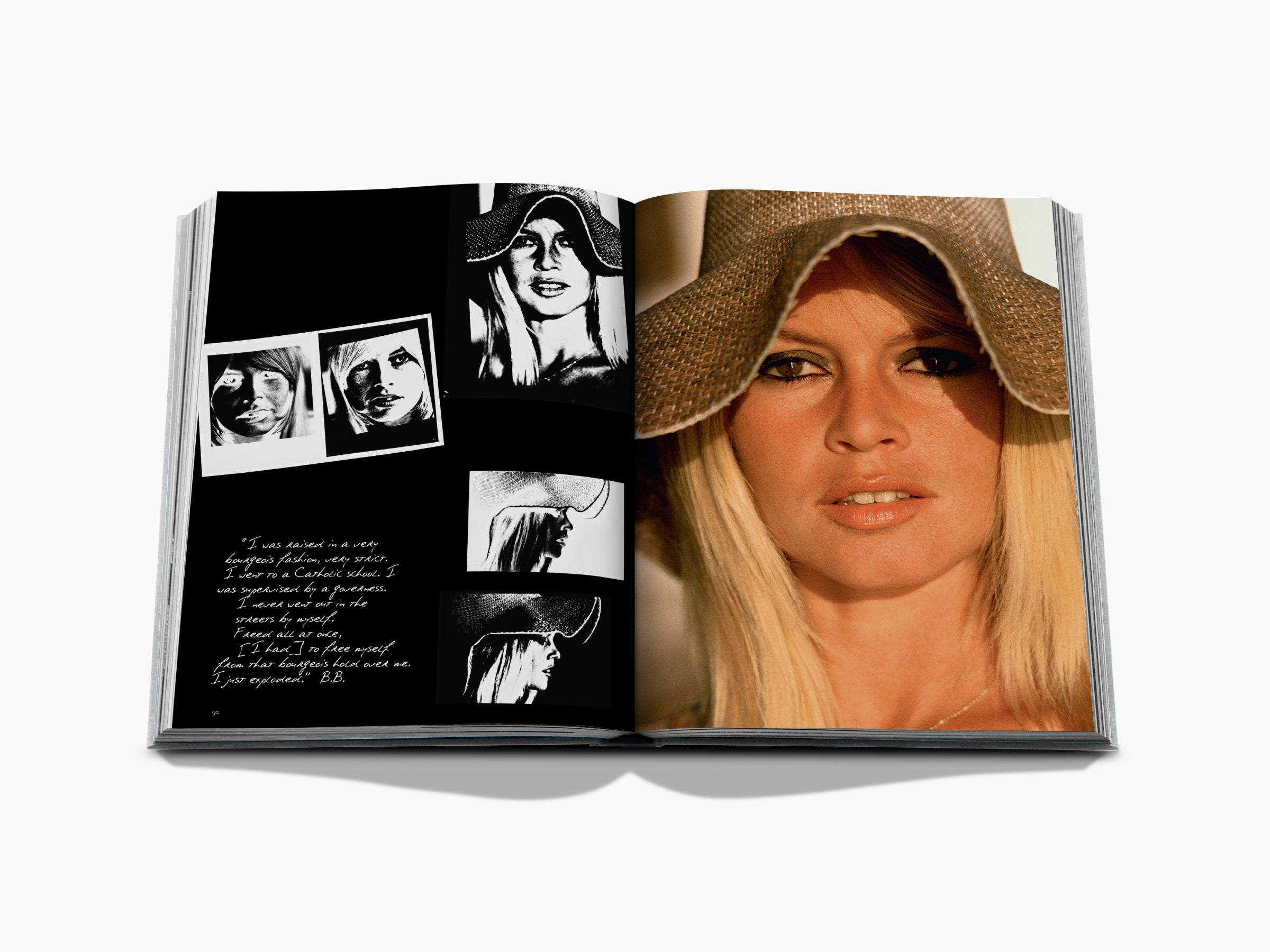Black left page with a photo collage and the headline A VERY PRIVATE AFFAIR beside a close-up Bardot portrait in a wide hat.