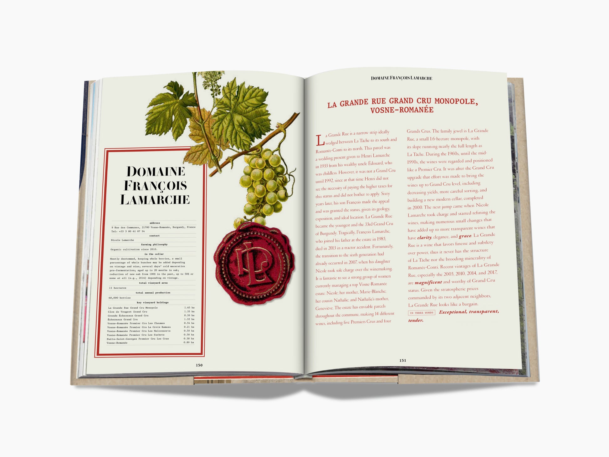 Open book spread showing Domaine Francois Lamarche illustration on left and a vintage stamp on right.