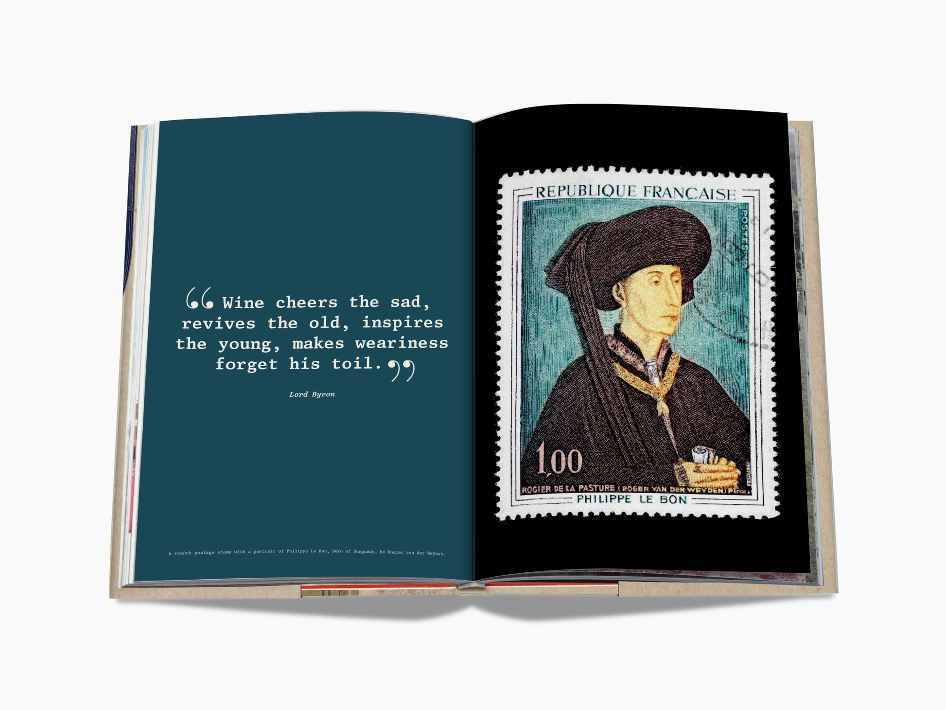 Open book spread with a teal left page bearing a Lord Byron quote and a vintage stamp on the right.