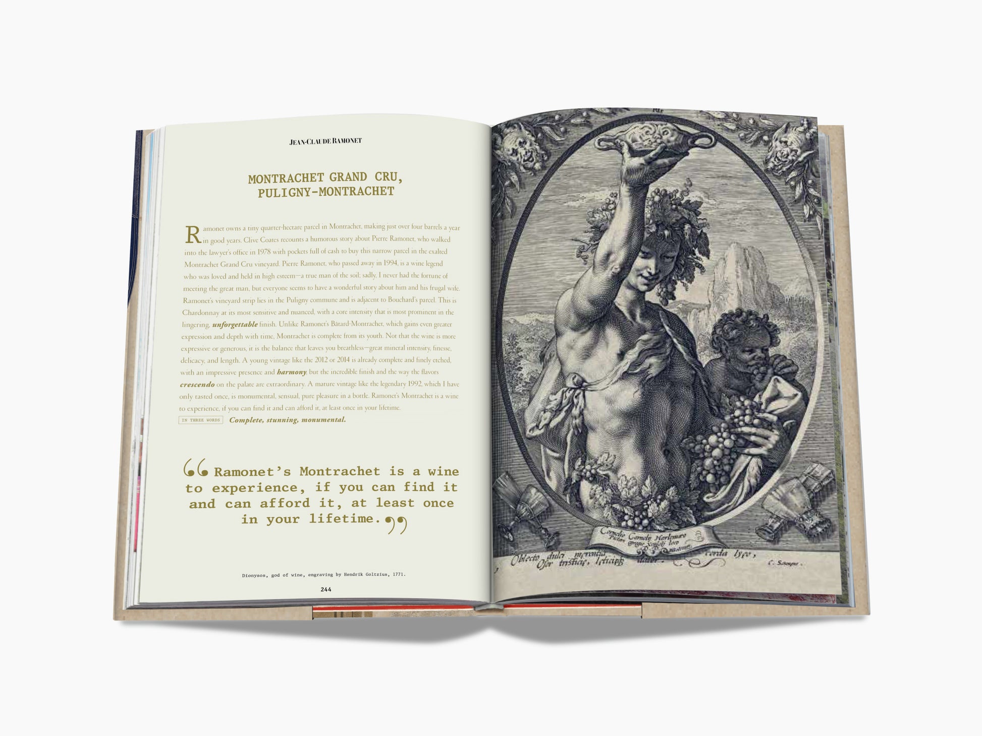 Open book spread showing Montrachet Grand Cru text on the left page and a vintage engraving of a woman holding grapes on the right.