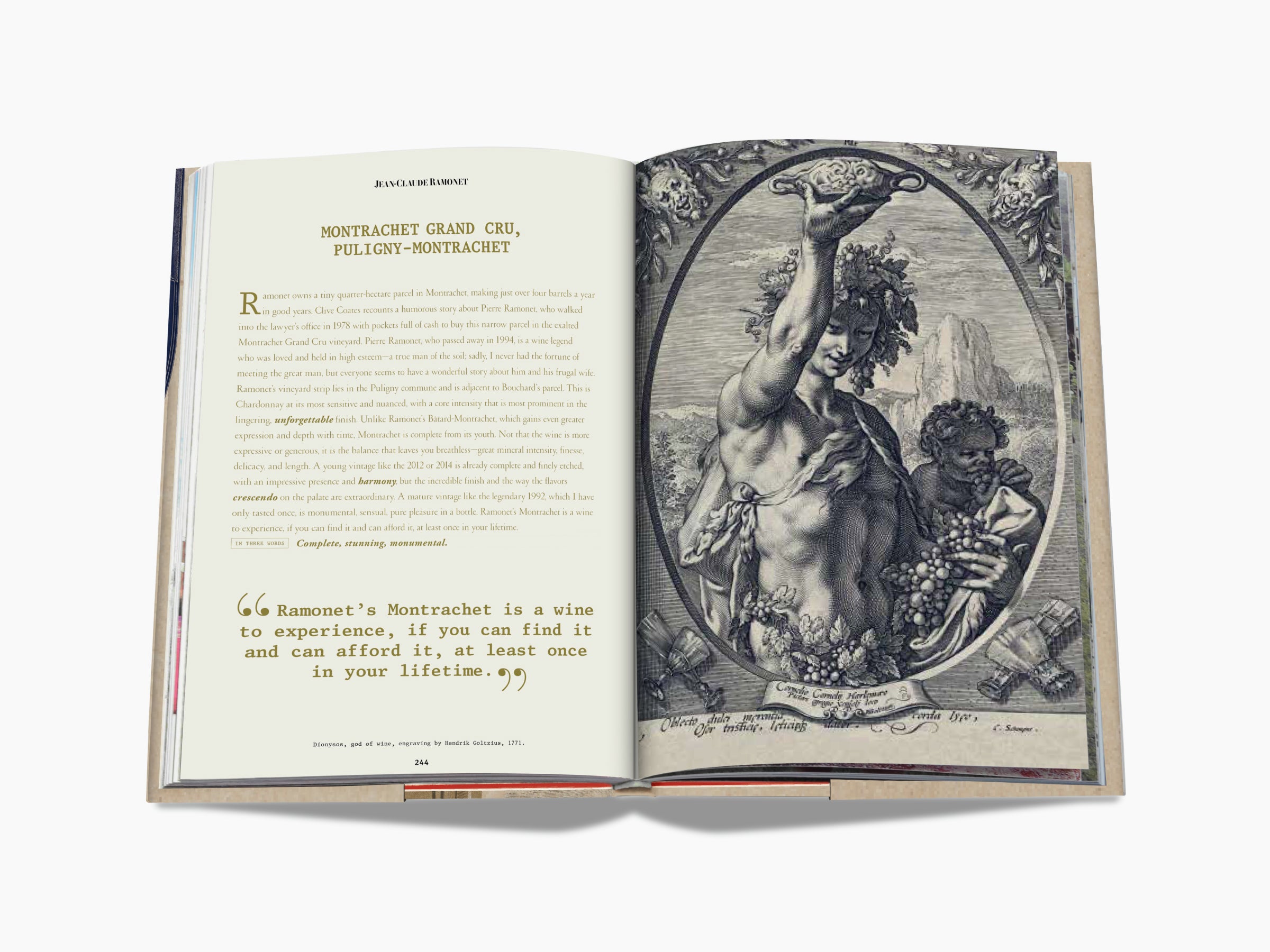 Open book spread showing Montrachet Grand Cru text on the left page and a vintage engraving of a woman holding grapes on the right.