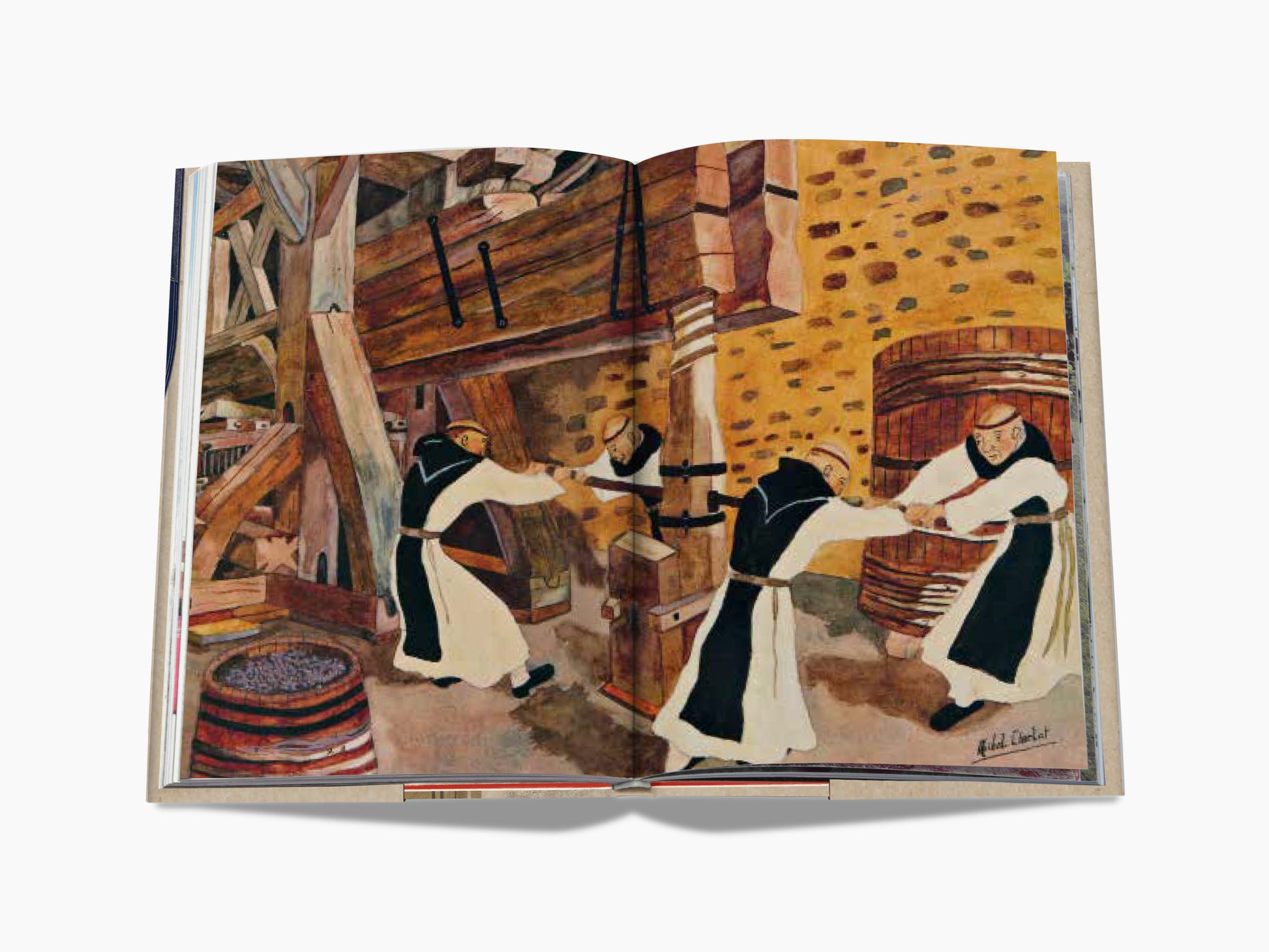 Open book spread featuring a colorful painting of workers in a rustic wine cellar across both pages.