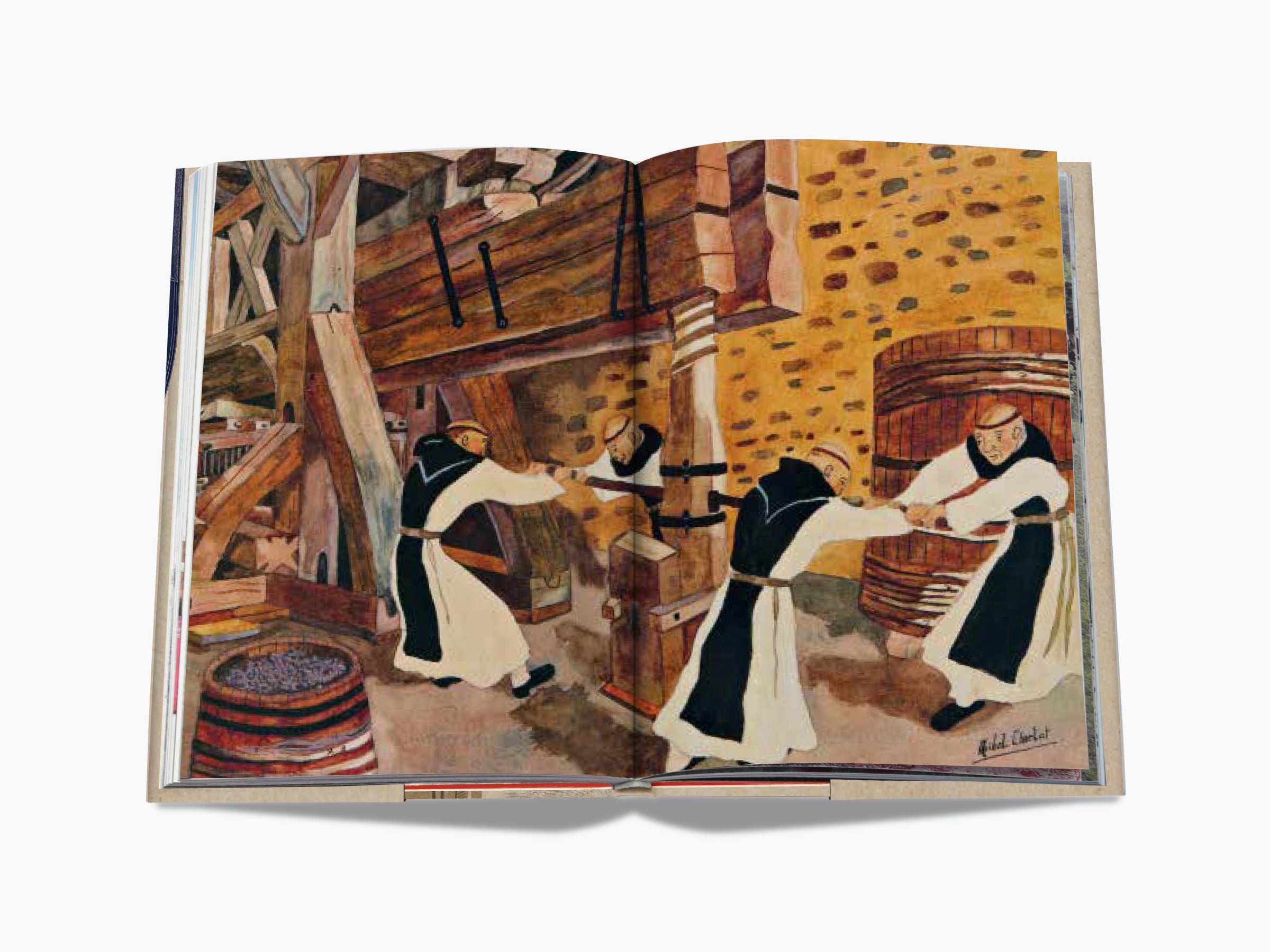Open book spread featuring a colorful painting of workers in a rustic wine cellar across both pages.
