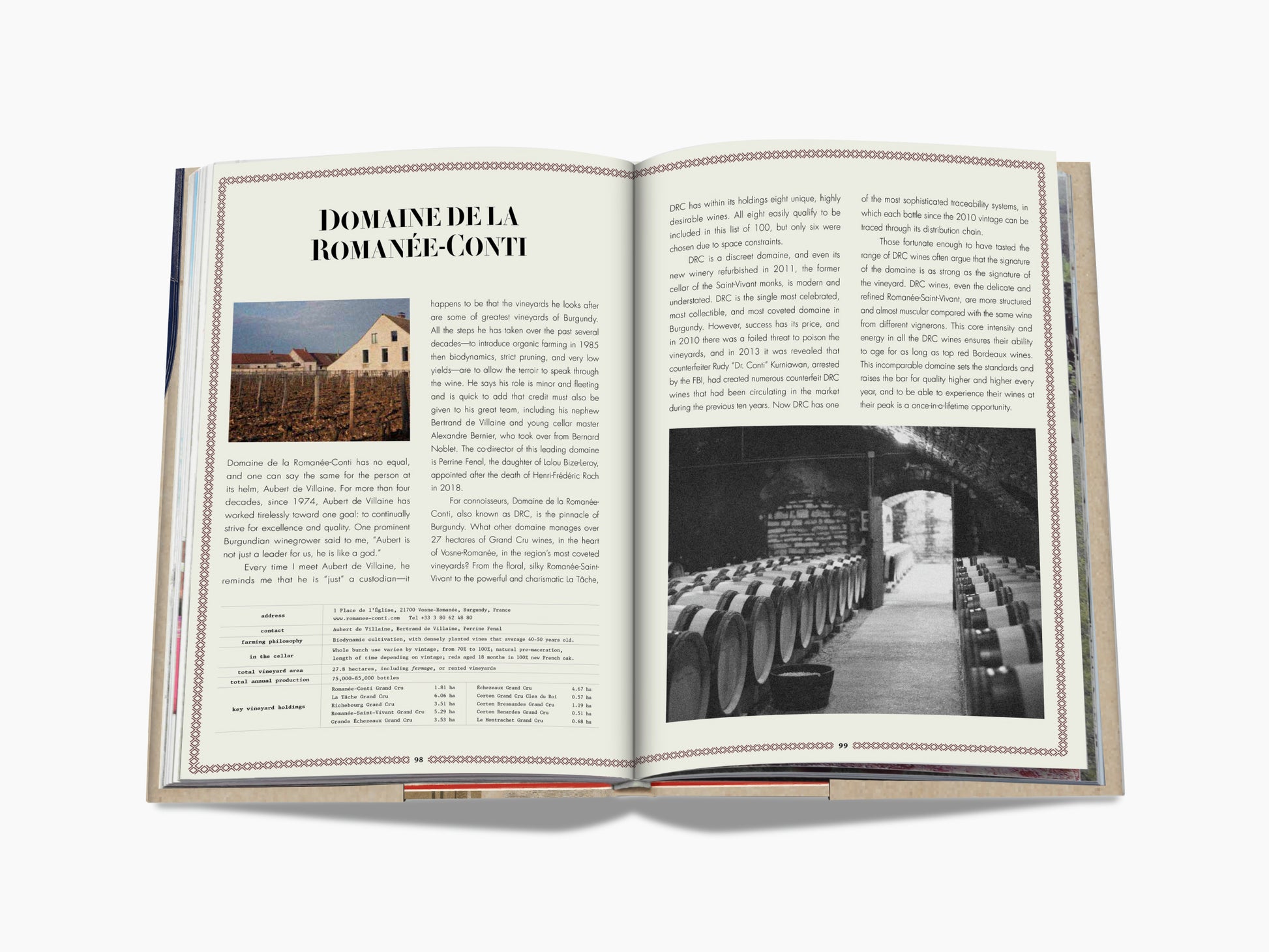 Open book spread showing Domaine de la Romanée-Conti feature with a vineyard photo on the left page