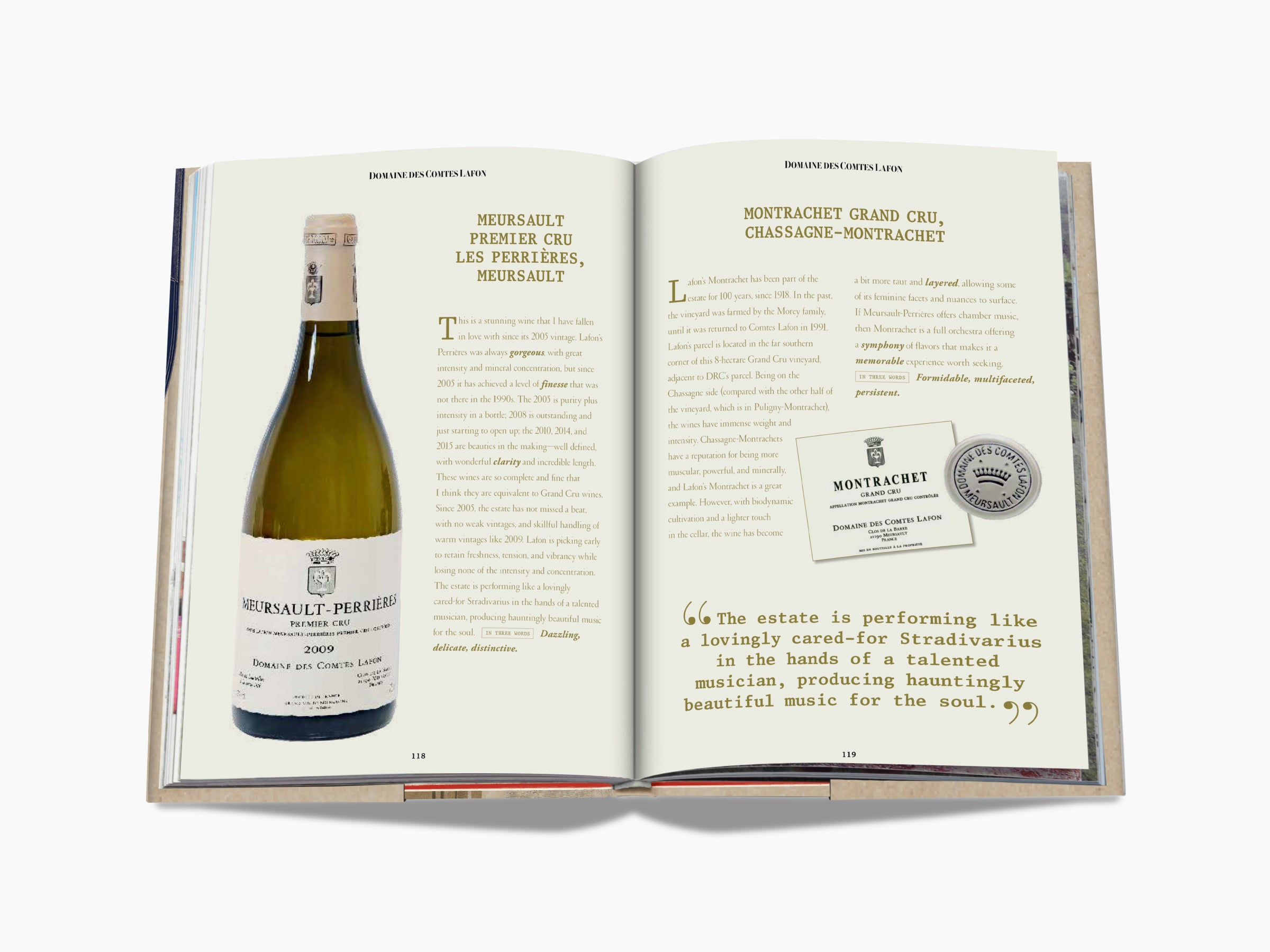 Open book spread showing a Meursault Perrières Premier Cru wine bottle on the left page with descriptive text on the right.