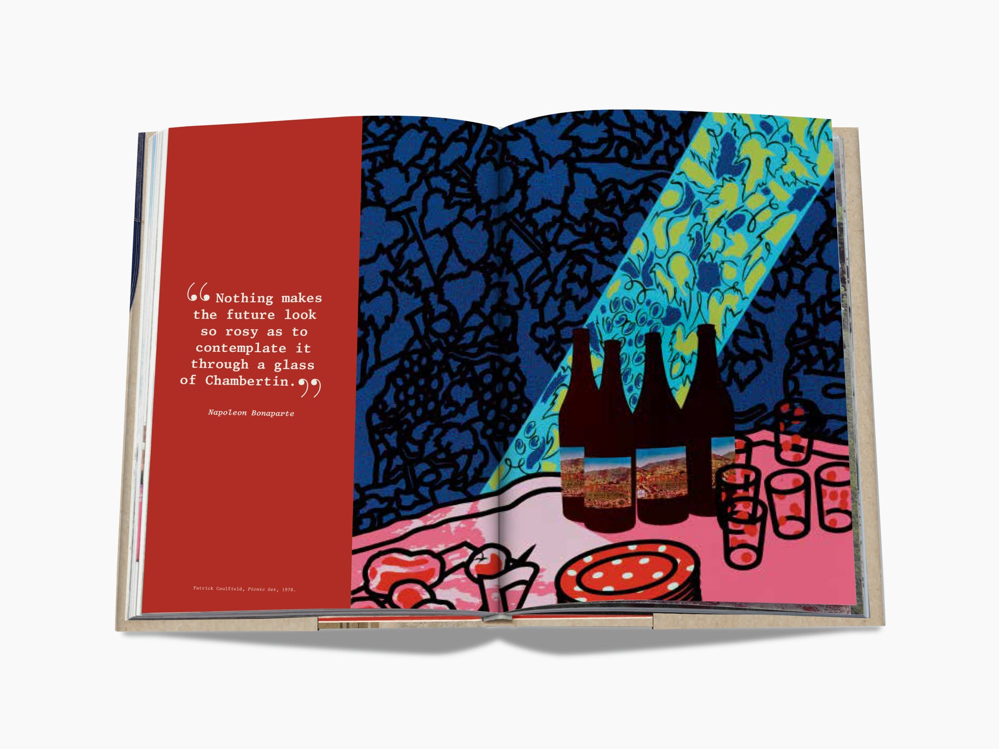 Open book spread with a bold red panel and vibrant abstract artwork spanning the two pages.