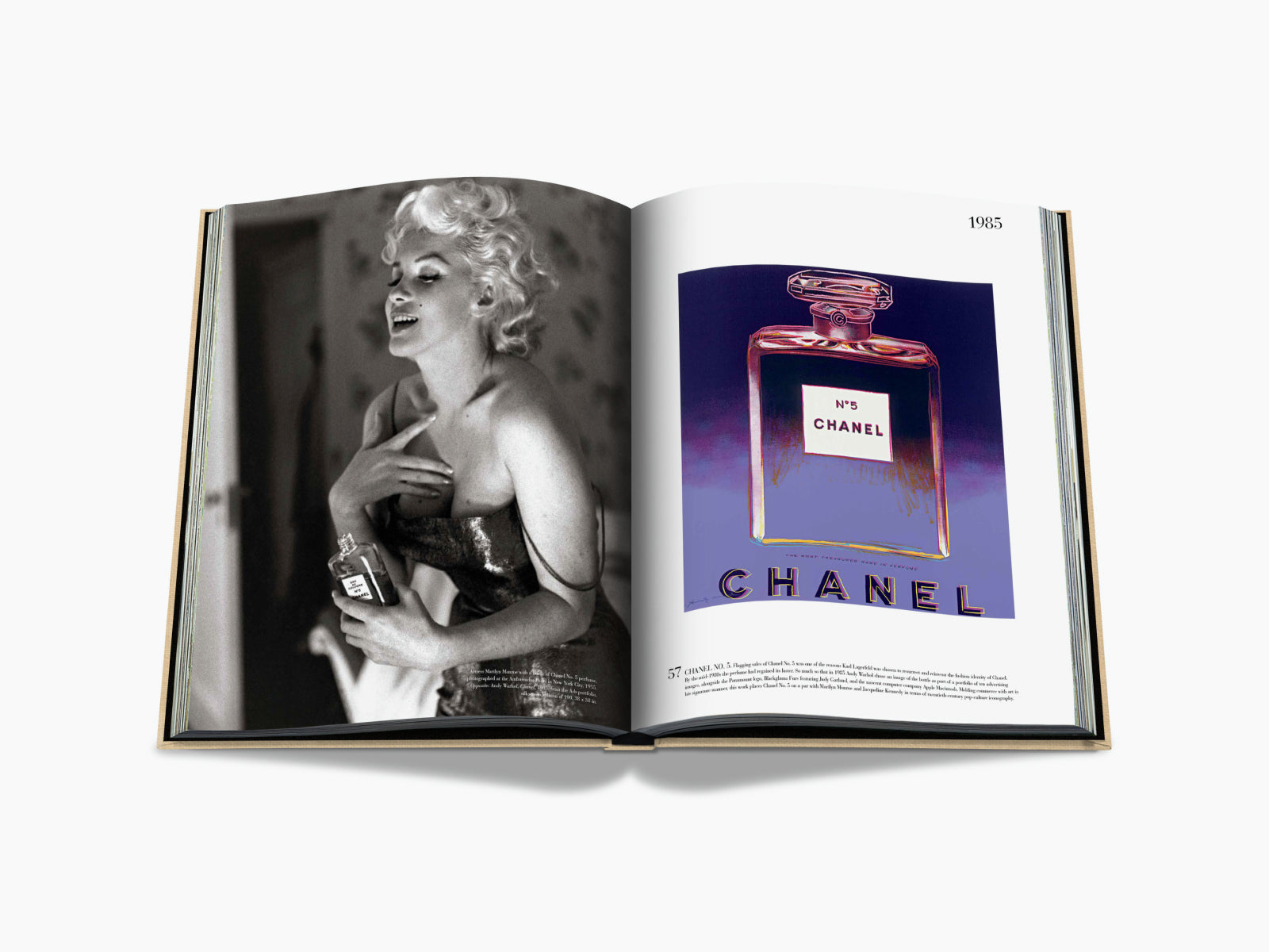 Monochrome portrait of Marilyn Monroe holding a Chanel perfume bottle from the Impossible Collection book