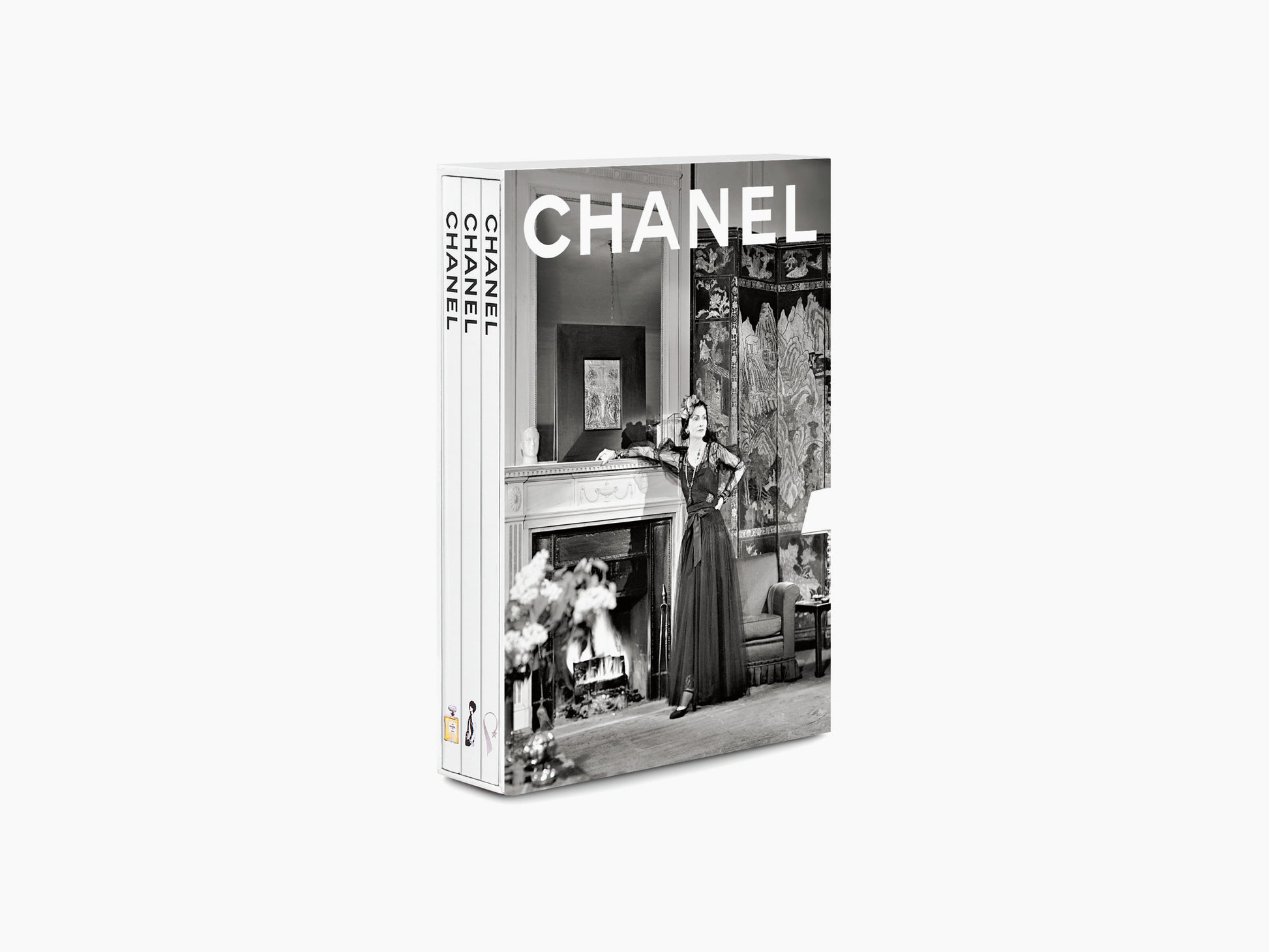 Chanel 3-Book Slipcase New Edition cover displaying a black and white image of a woman in an elegant room