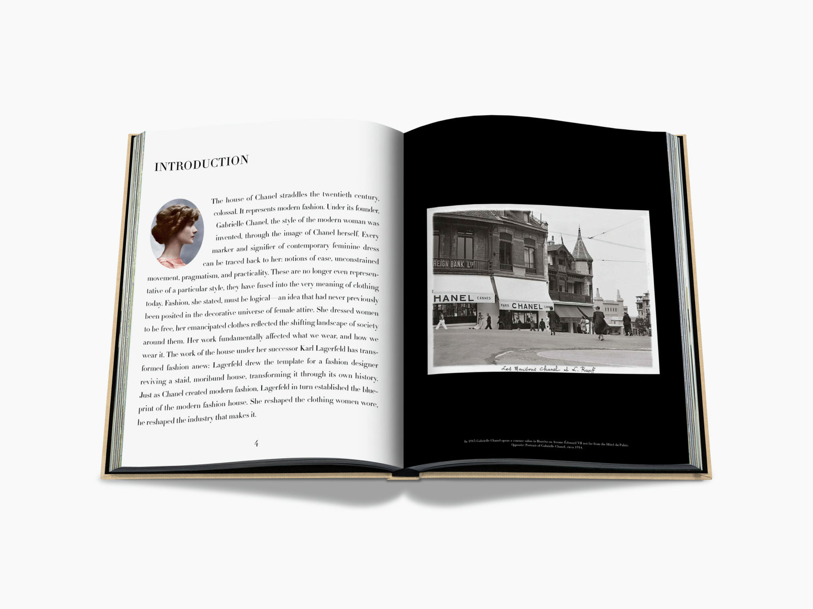 Chanel book open to Introduction with a portrait, set in front of a cream display box and a storefront photograph on the right page