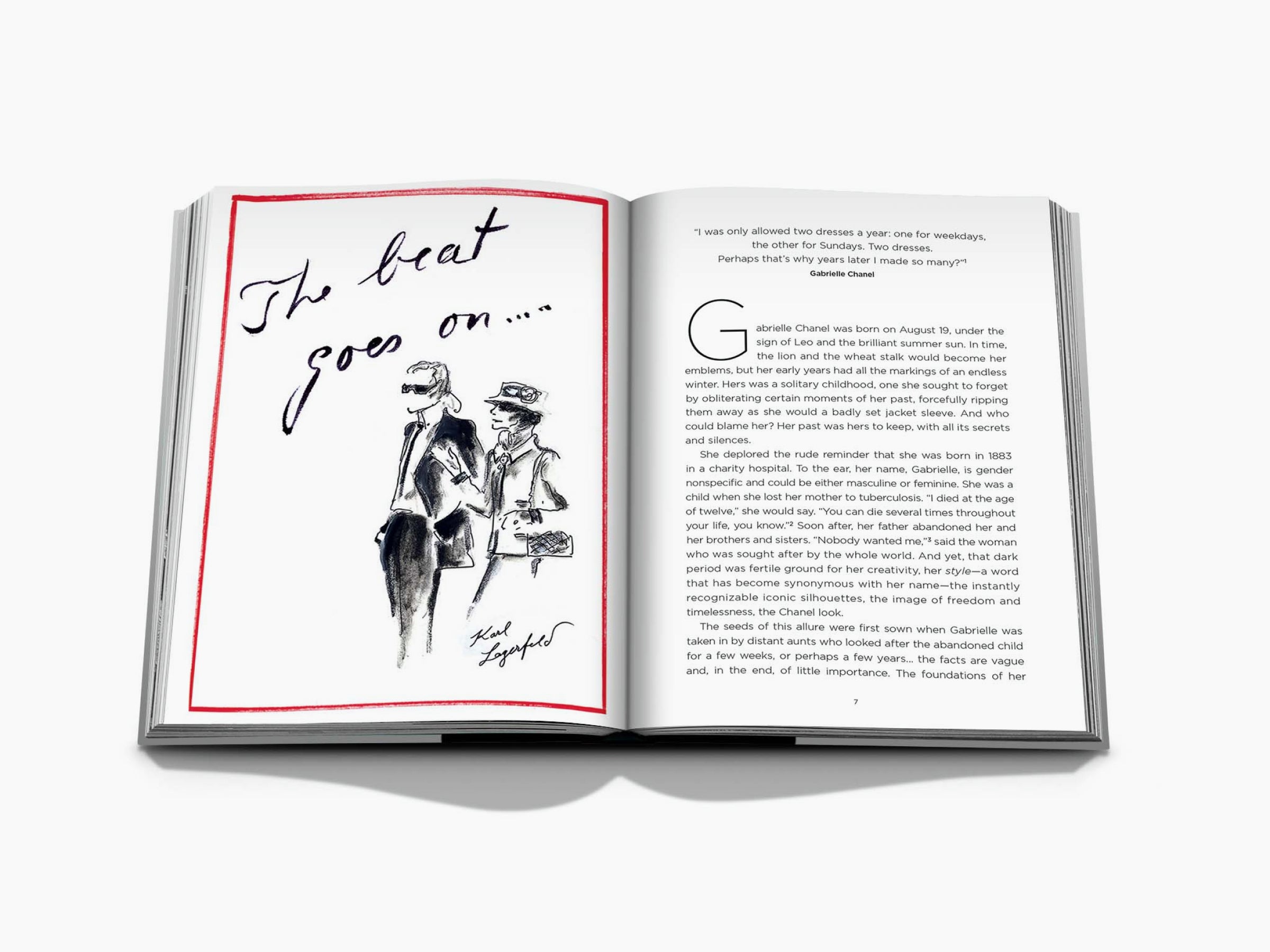 Open Chanel 3-Book Slipcase spread with a fashion illustration on the left and a text page on the right.