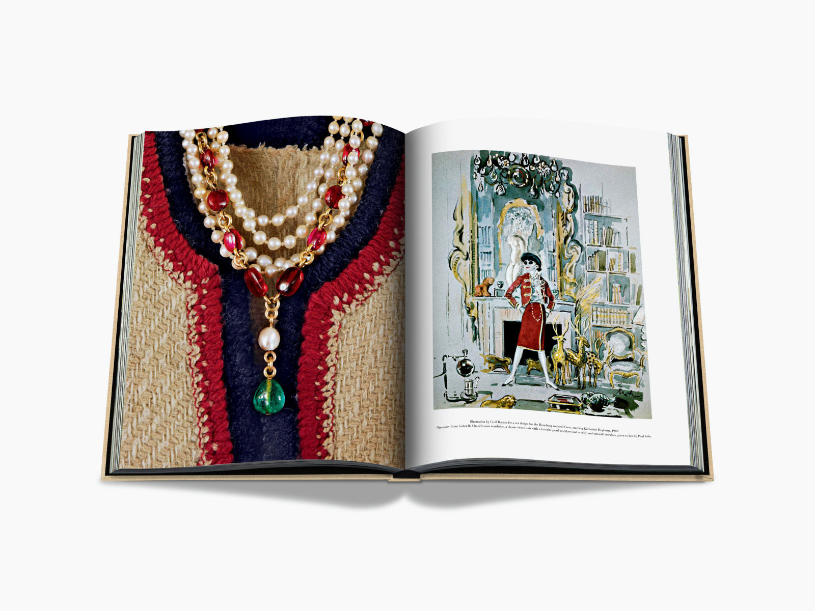 Left page close up of a layered pearl and gemstone necklace; right page features a vintage fashion illustration