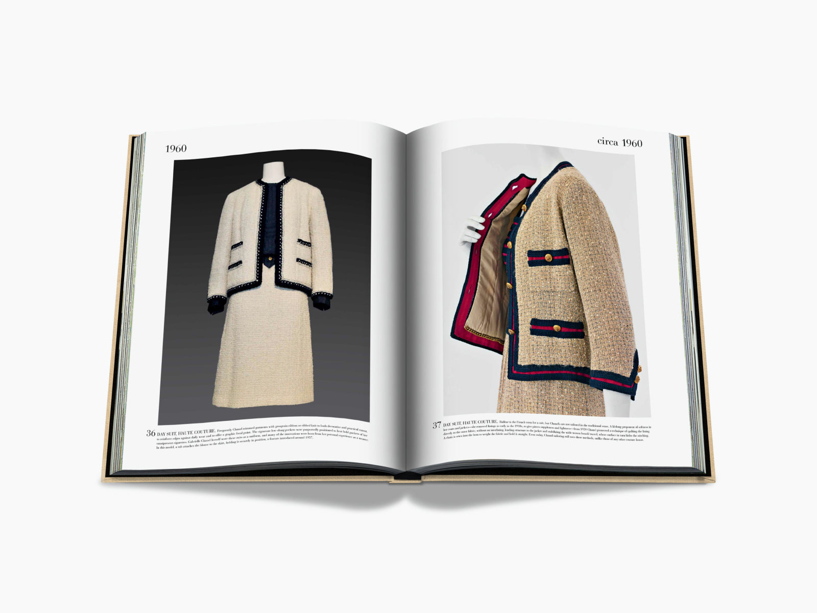 Chanel Impossible Collection 1960 spread shows a cream day suit with black trim on one side and a beige boucle jacket.