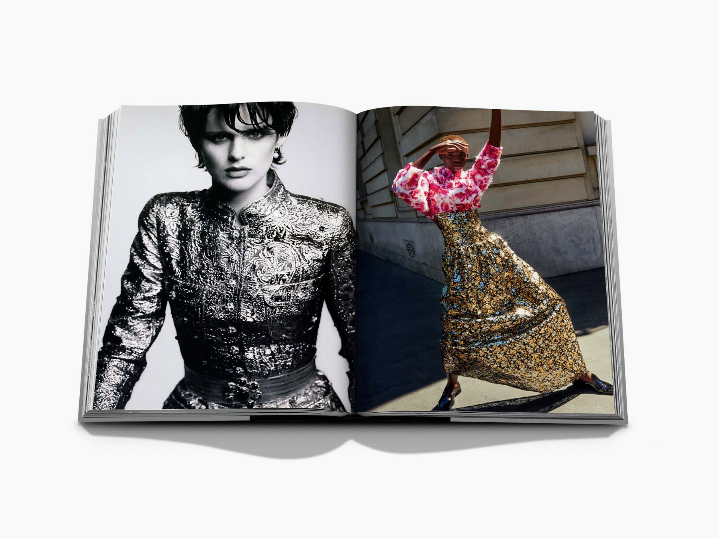 Chanel fashion spread with a black and white portrait in a metallic jacket and a pink floral top with a gold sequin skirt.