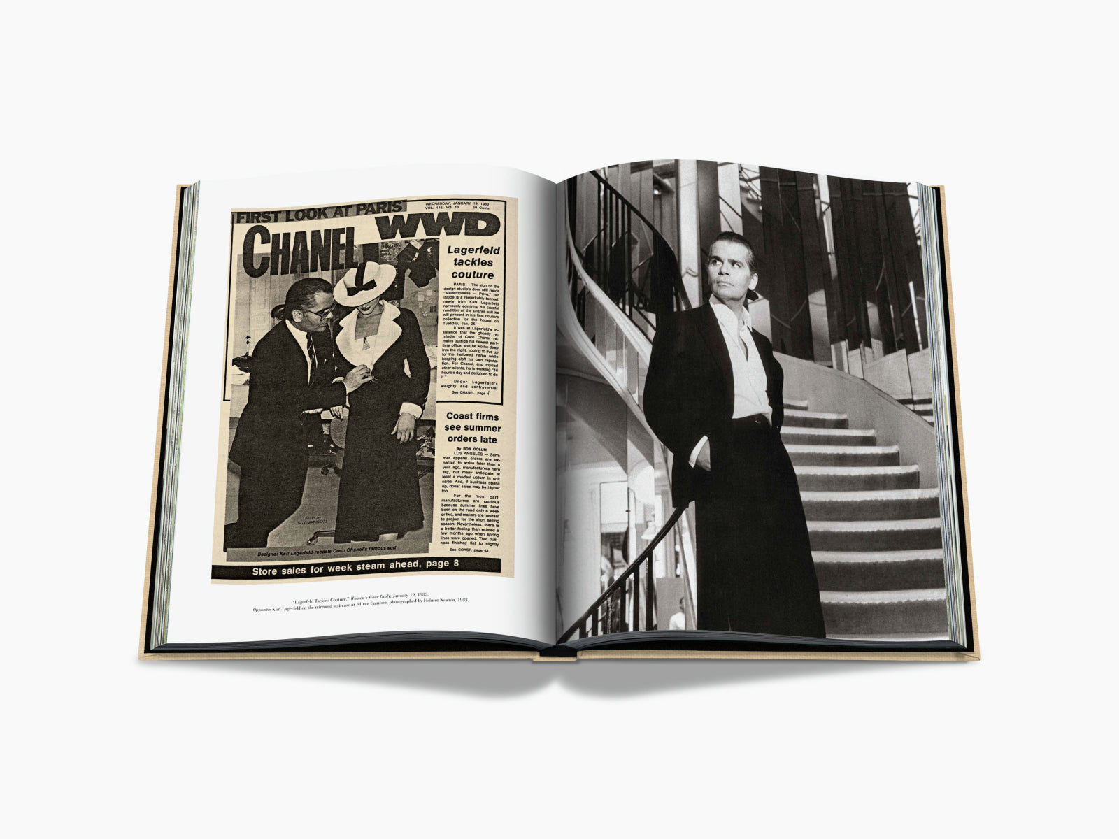 Vintage Chanel advertisement on left and a man in a suit posed on a grand staircase on the right