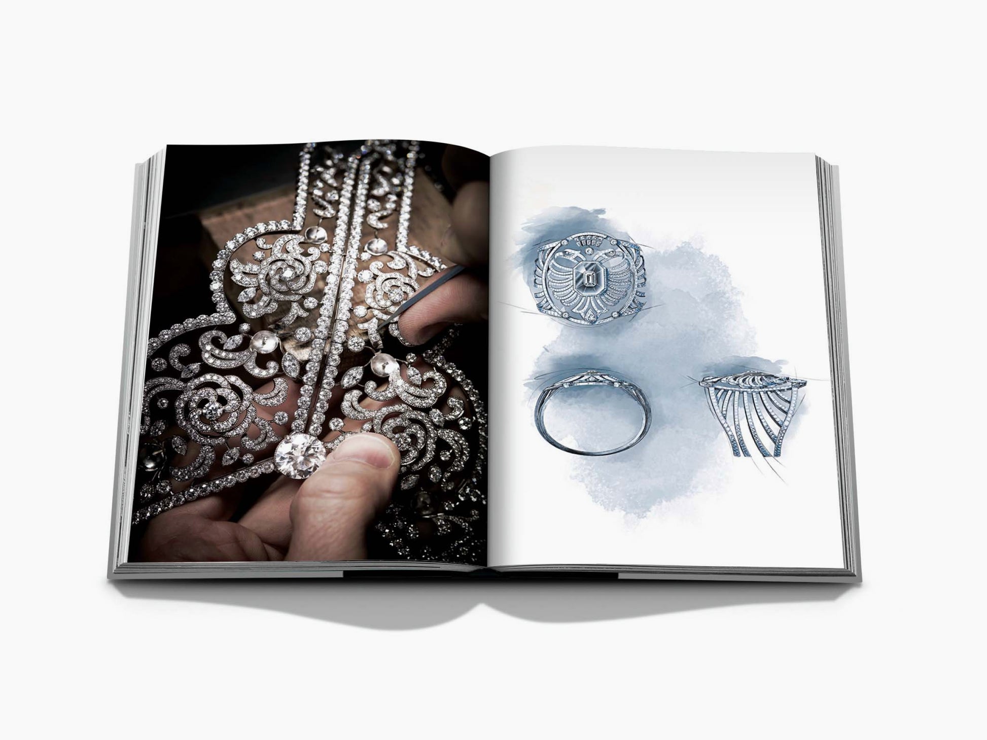 Left page shows a detailed diamond necklace being held, right page features jewelry sketches on a blue wash background.