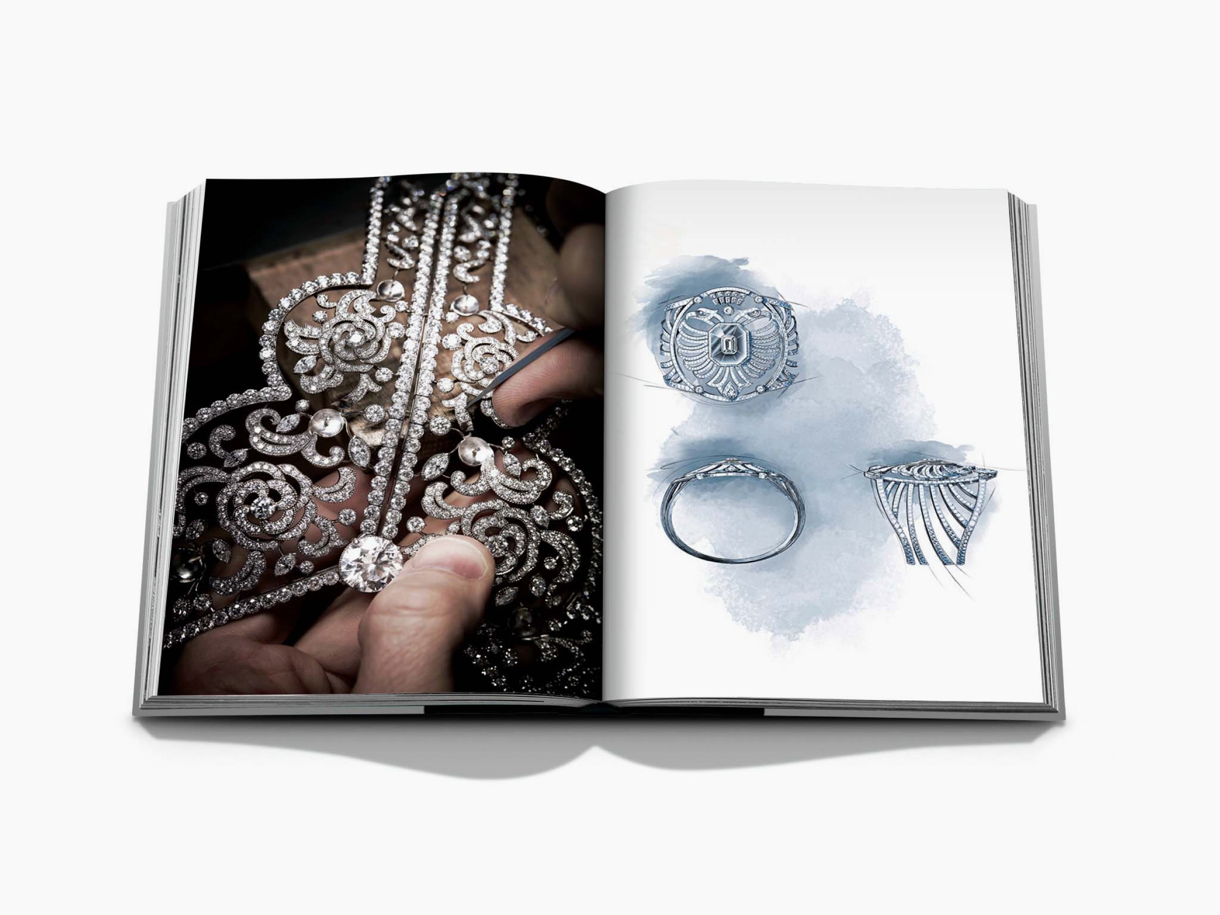 Left page shows a detailed diamond necklace being held, right page features jewelry sketches on a blue wash background.