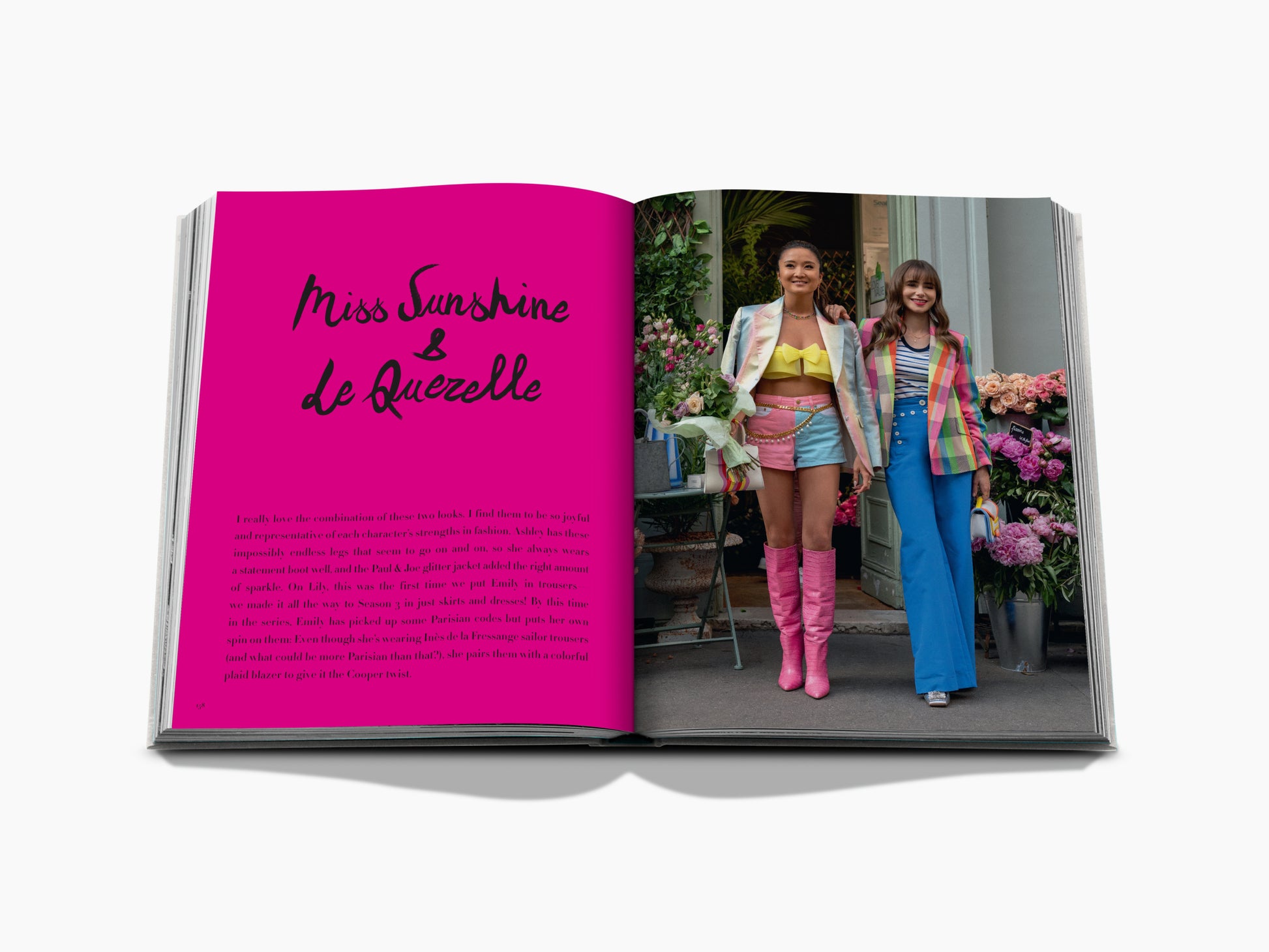 Bold magenta left page with handwritten title beside two Emily in Paris style outfits posing outside a flower shop.