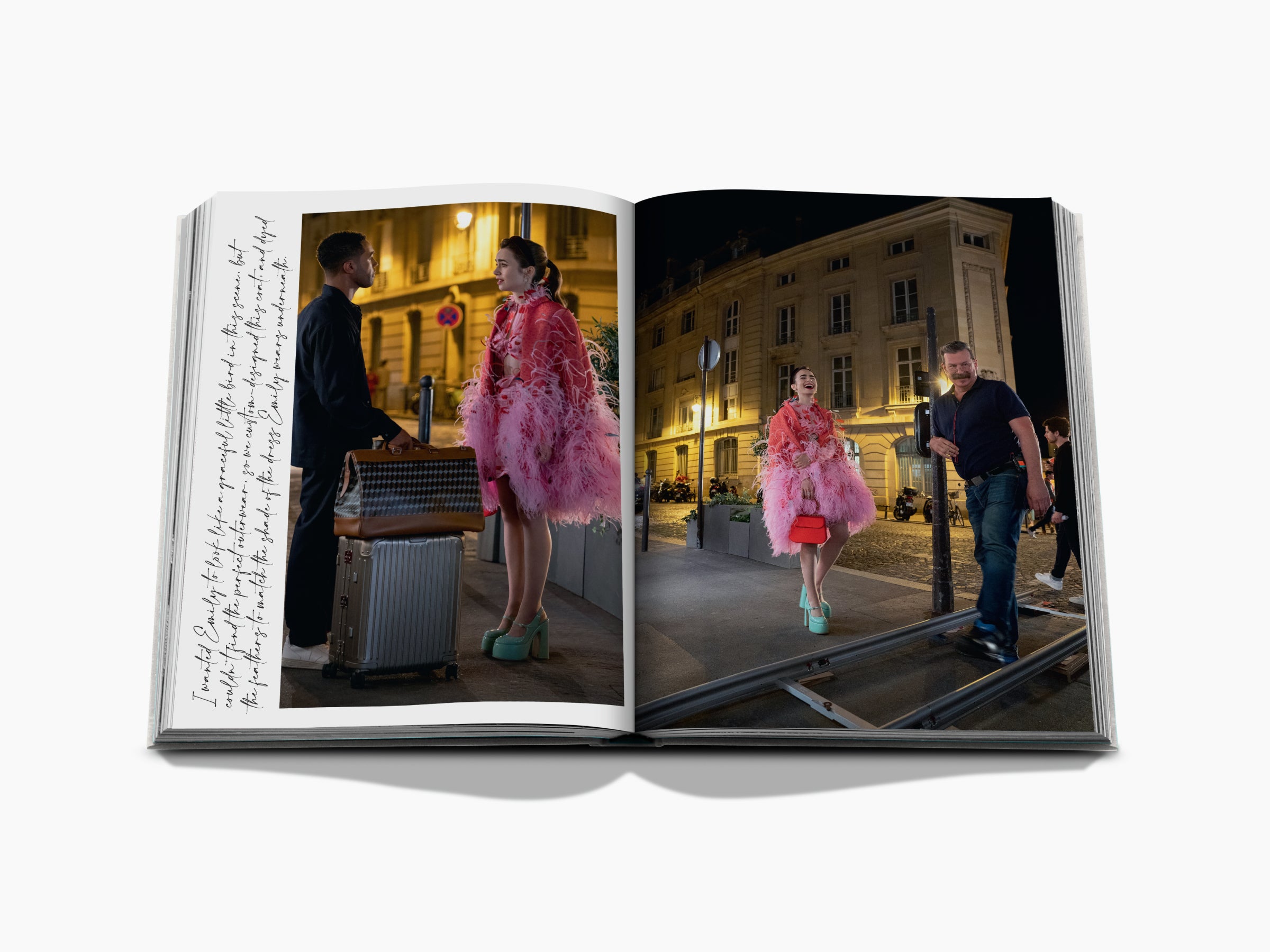 Two page spread from Emily in Paris fashion guide showing a pink feathered gown on a model in street scenes with handwritten notes along the margin.