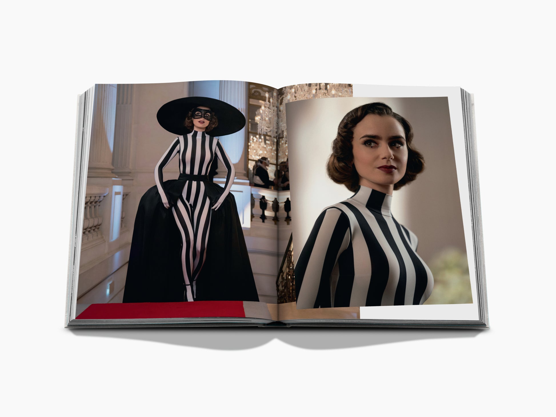 Open fashion book spread showing black and white striped outfits across two pages and a portrait on the right.