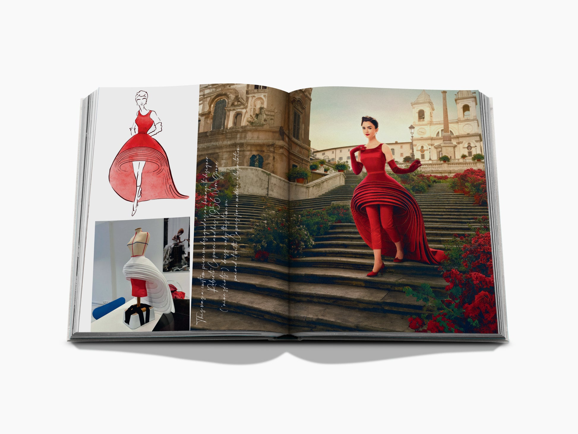 Spread from Emily in Paris Fashion Guide showing a model in a red gown posed on stone steps with a historic backdrop.