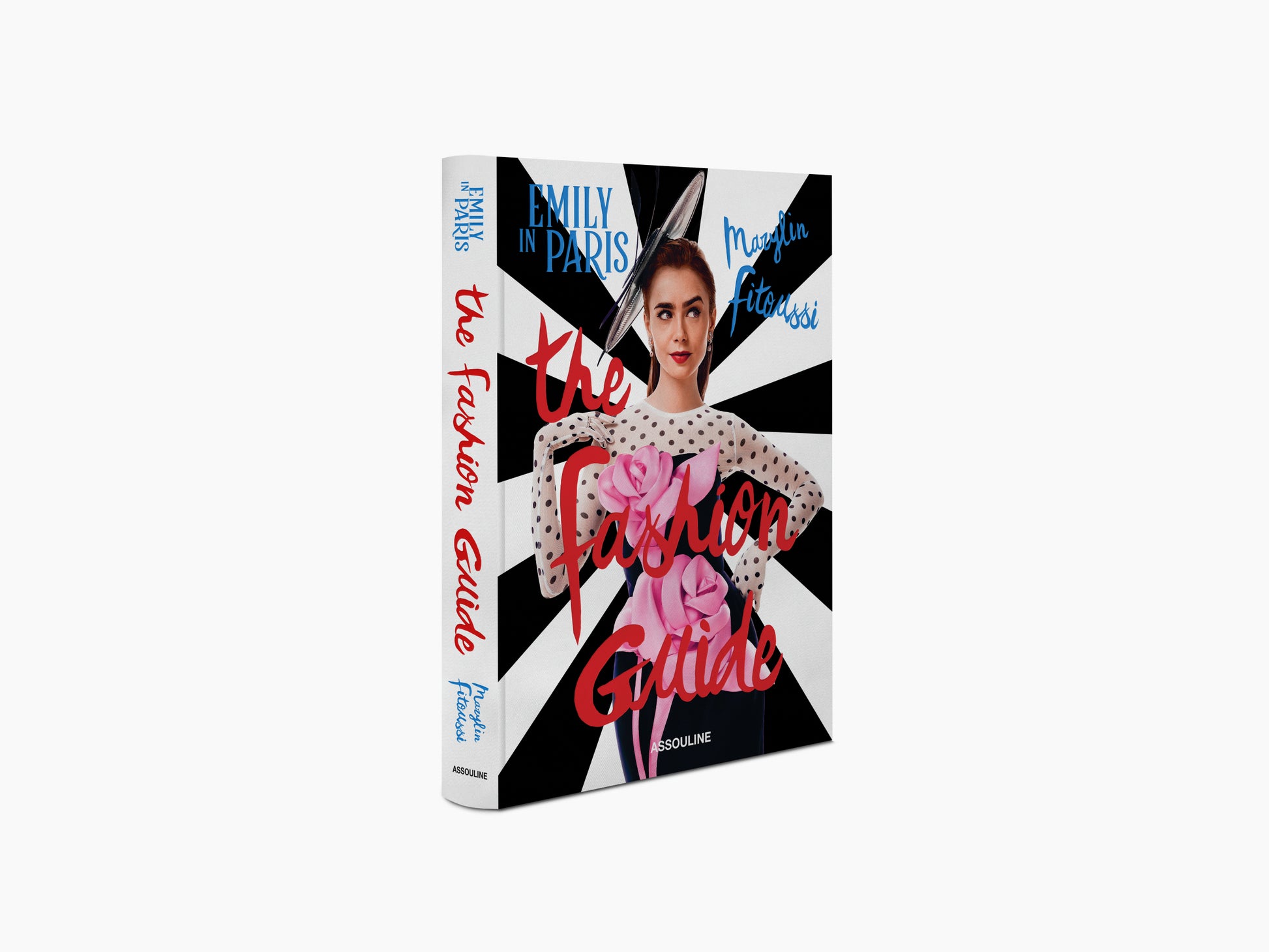 Angled product shot of Emily in Paris The Fashion Guide book showing the cover and spine.