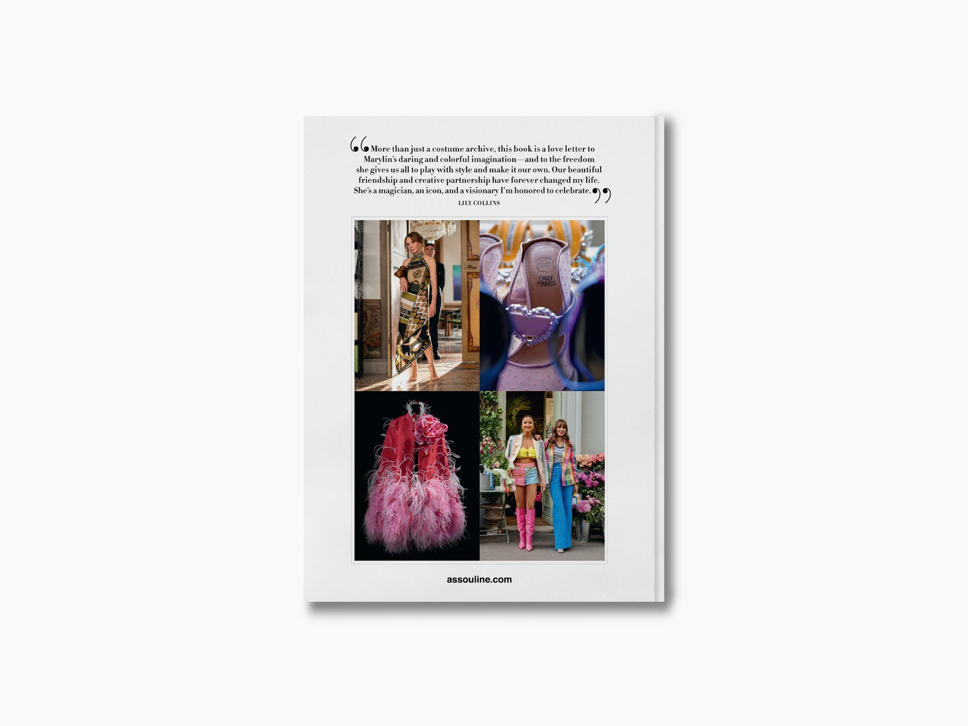 White page from Emily in Paris Fashion Guide showing a four-image collage of bold outfits including a pink feathered gown.