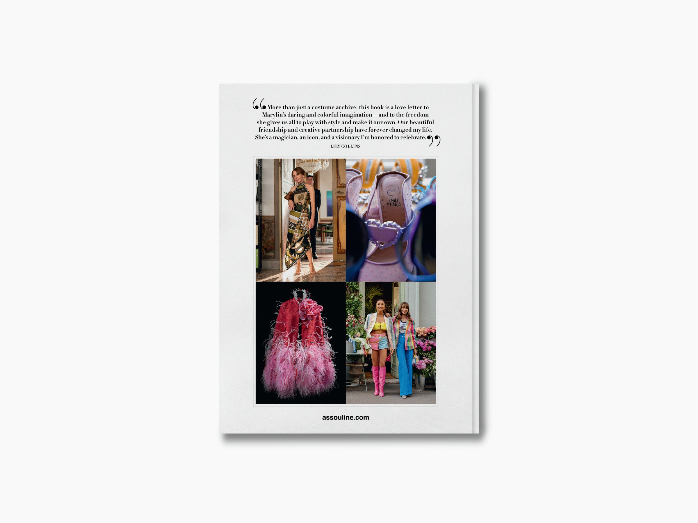 White page from Emily in Paris Fashion Guide showing a four-image collage of bold outfits including a pink feathered gown.