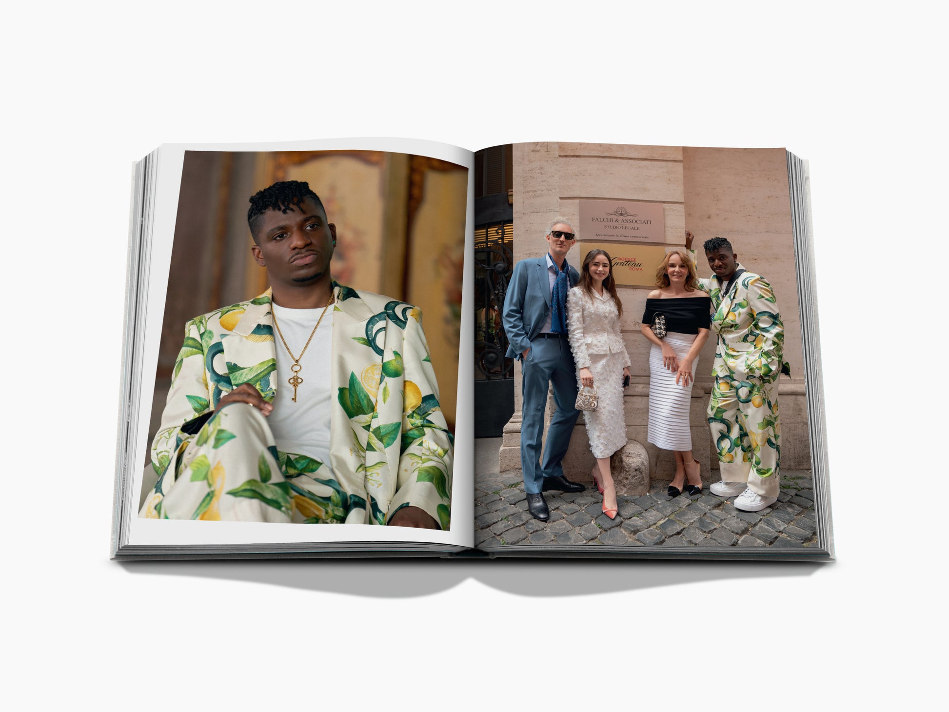 Spread from Emily in Paris The Fashion Guide with a man in a lemon print suit on the left and a group posing outside a building on the right