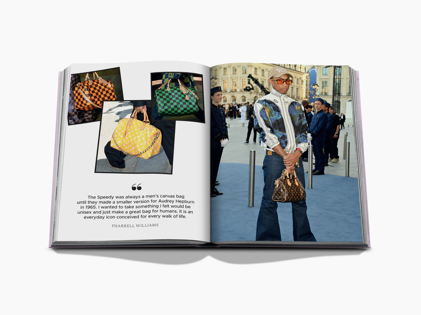 Left page shows several checkered Louis Vuitton bags while a model stands in a patterned jacket holding a brown monogram handbag.