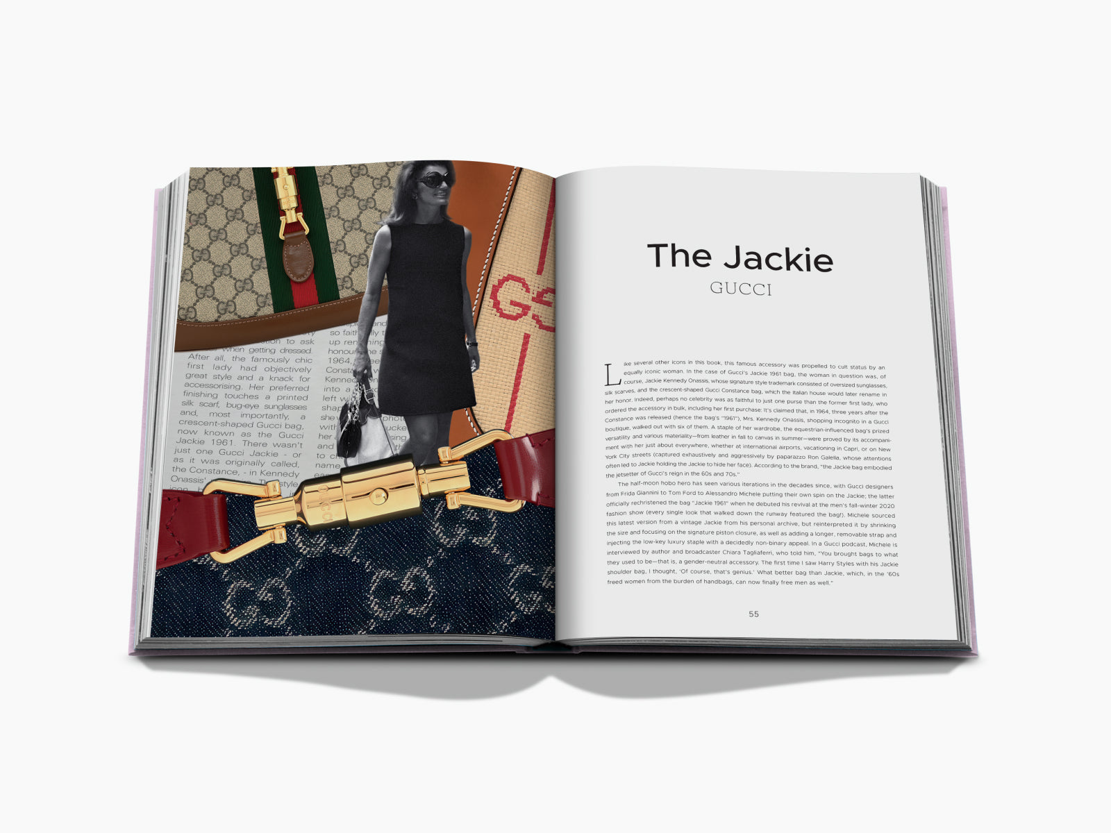 Open magazine spread with a model in a black dress on the left and The Jackie GUCCI headline on the right