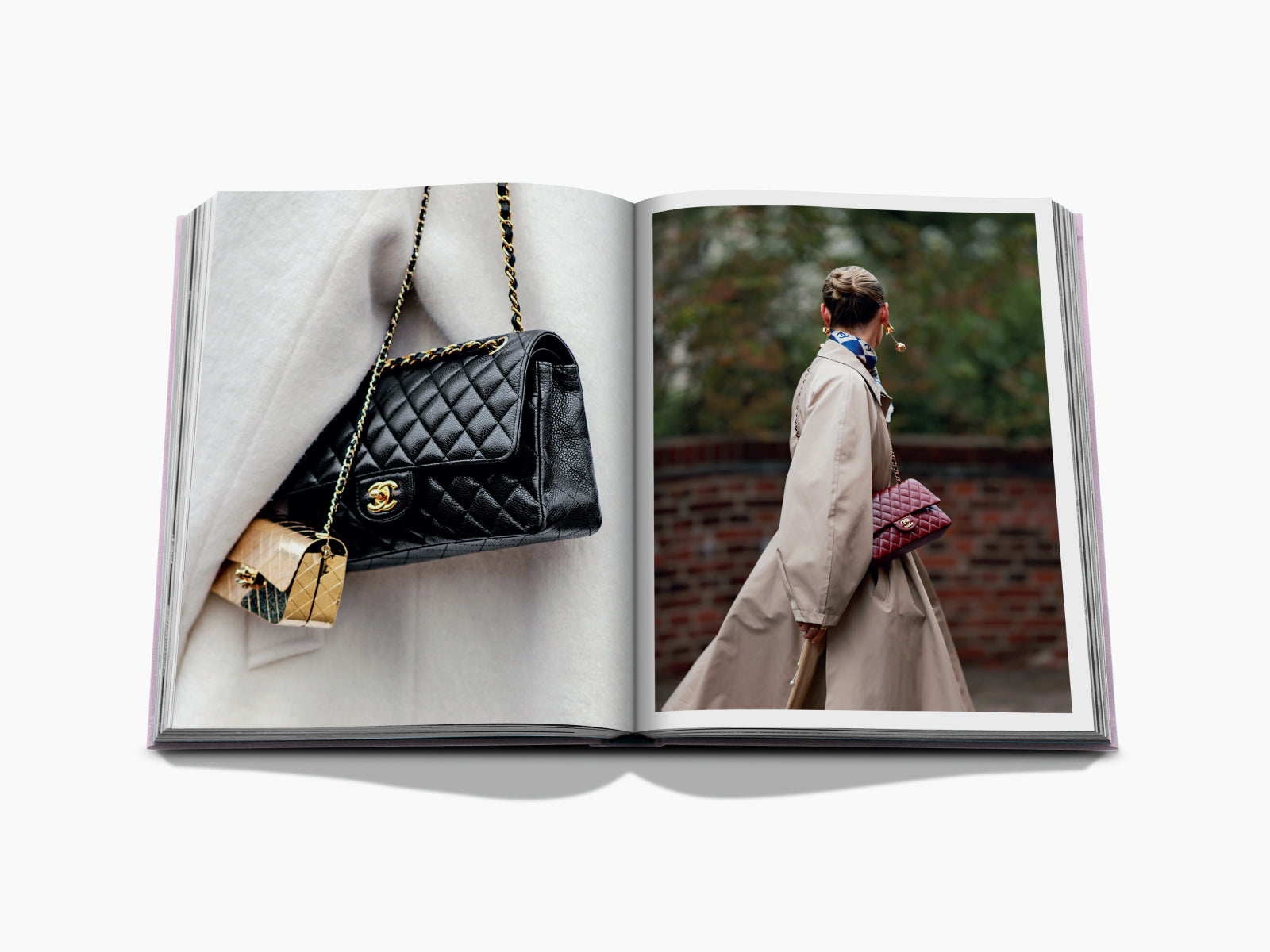 Collage of iconic bags including a black Chanel quilted bag and colorful LV styles with a model carrying a red quilted bag.