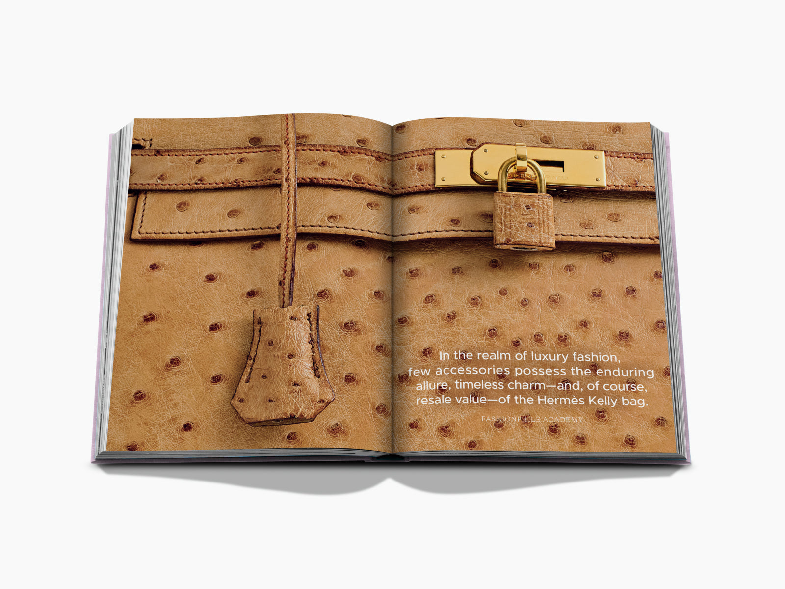 Close up of a tan ostrich leather Hermes Kelly bag with gold hardware on a page about iconic bags in the Fashionphile book