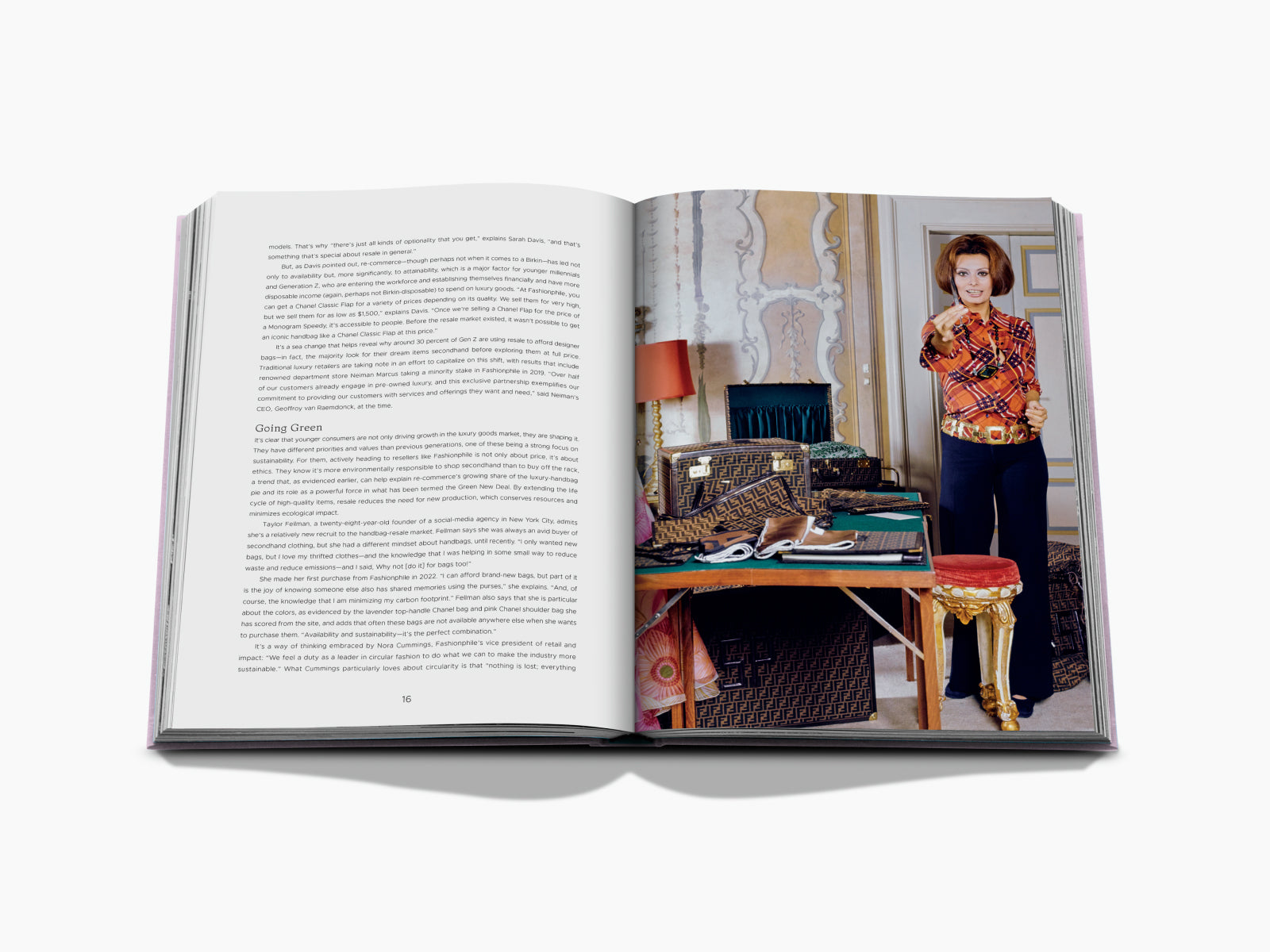 Open magazine spread with text on the left page and a model beside a table of multicolored Gucci bags on the right