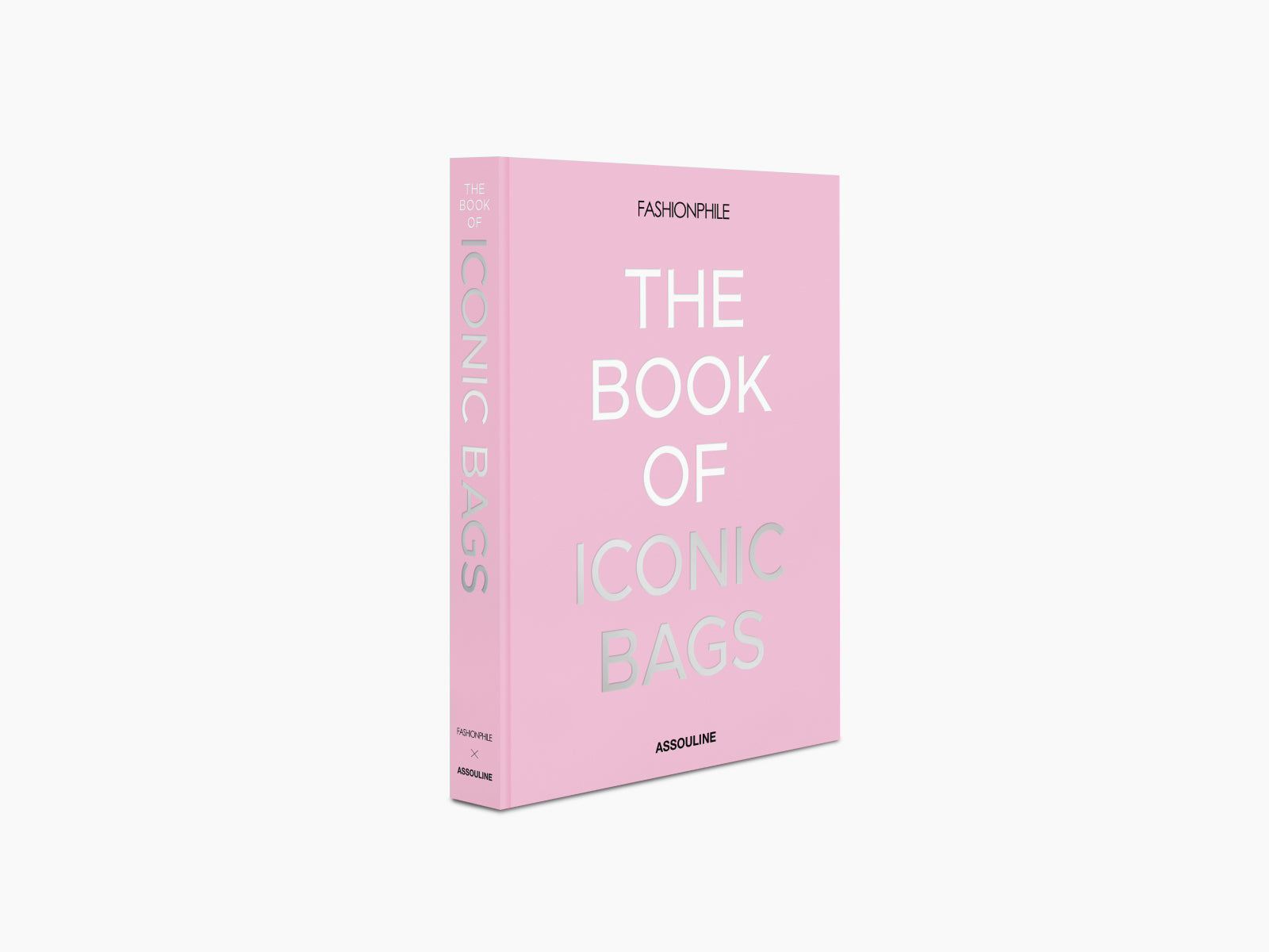 Pink hardcover book cover with large white text The Book of Iconic Bags by Fashionphile
