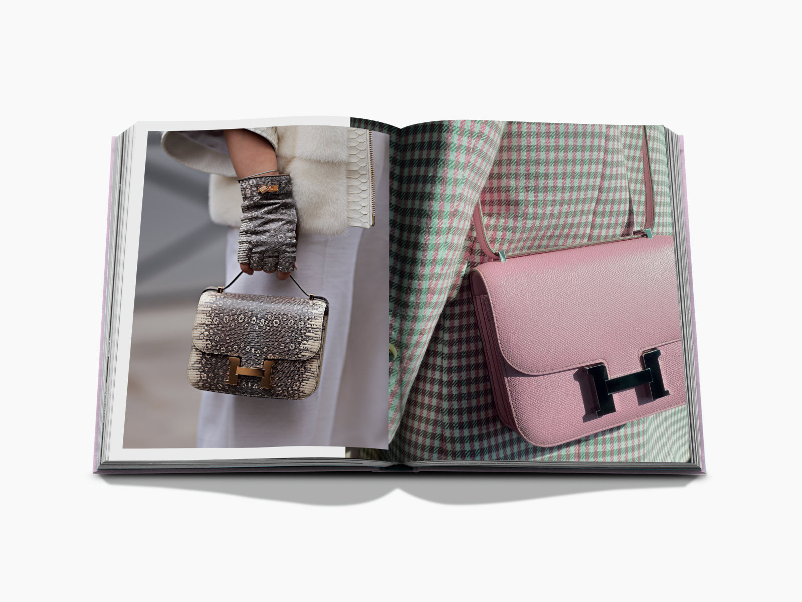Spread from Fashionphile The Book of Iconic Bags showing a metallic snakeskin mini bag in a gloved hand on the left and a pink bag with an H clasp on plaid on the right