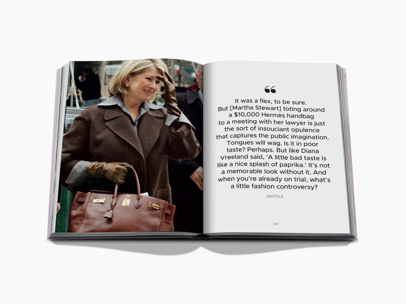 Opened book spread showing a woman with a brown handbag on the left and a page with a large quotation on the right