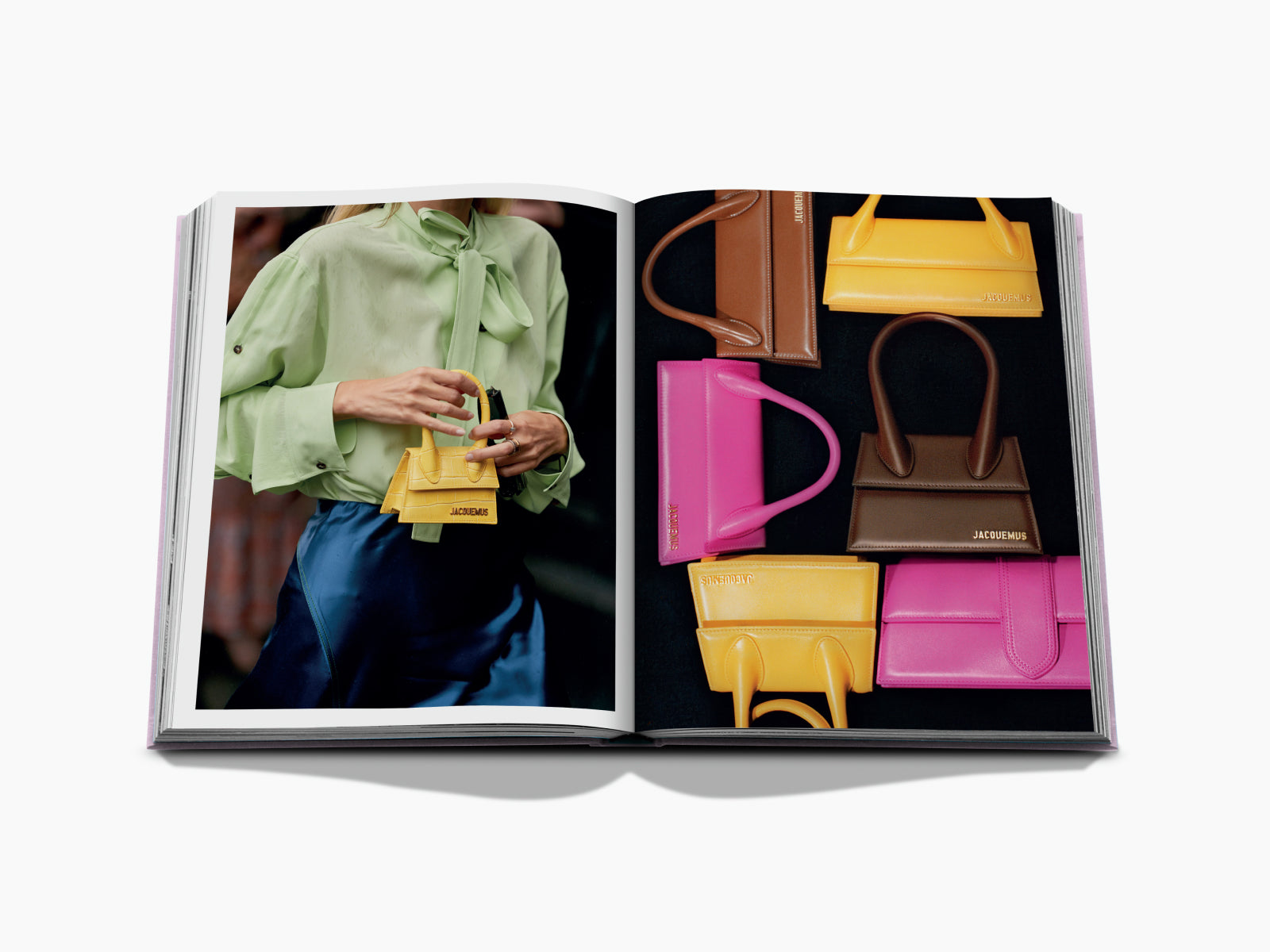 Open fashion book spread showing a model holding a yellow Jacquemus bag on the left and a bright handbag display on the right