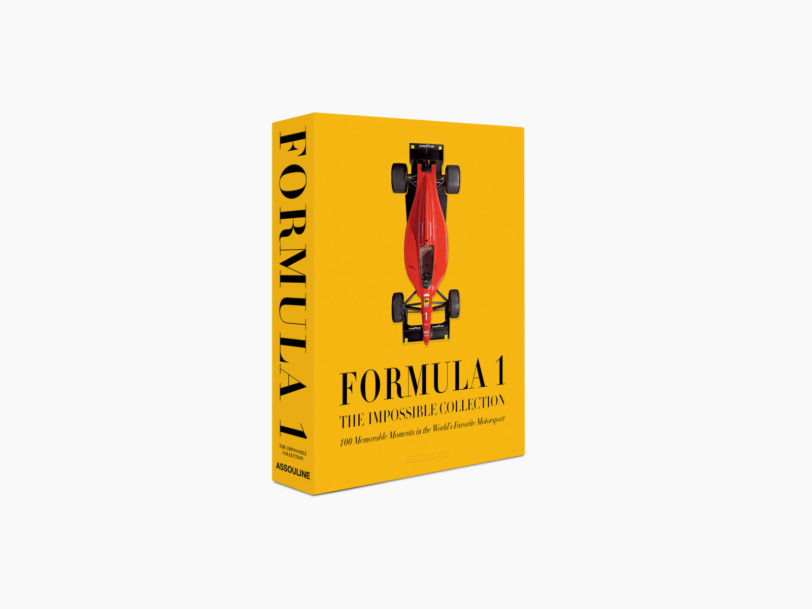 Yellow book box with a red Formula 1 race car on the cover and bold black typography along the spine