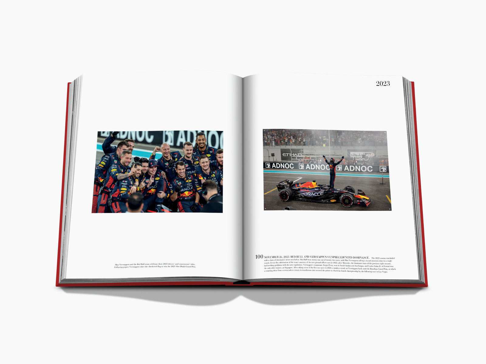 Open book spread from Formula 1 The Impossible Collection showing a jubilant team celebration photo on the left and a race car on the right