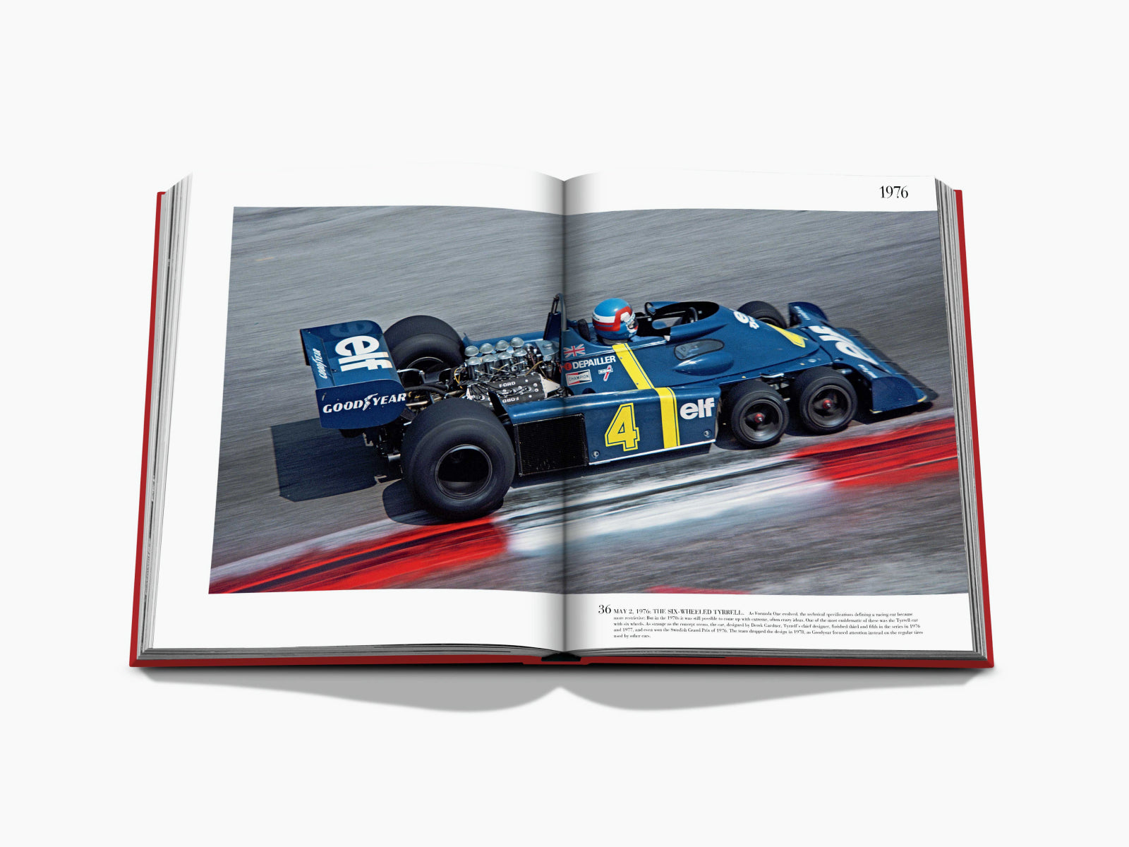 Black two-page spread with vintage 1976 Formula 1 imagery, left shows a blue race car on track and right shows crew in the pits