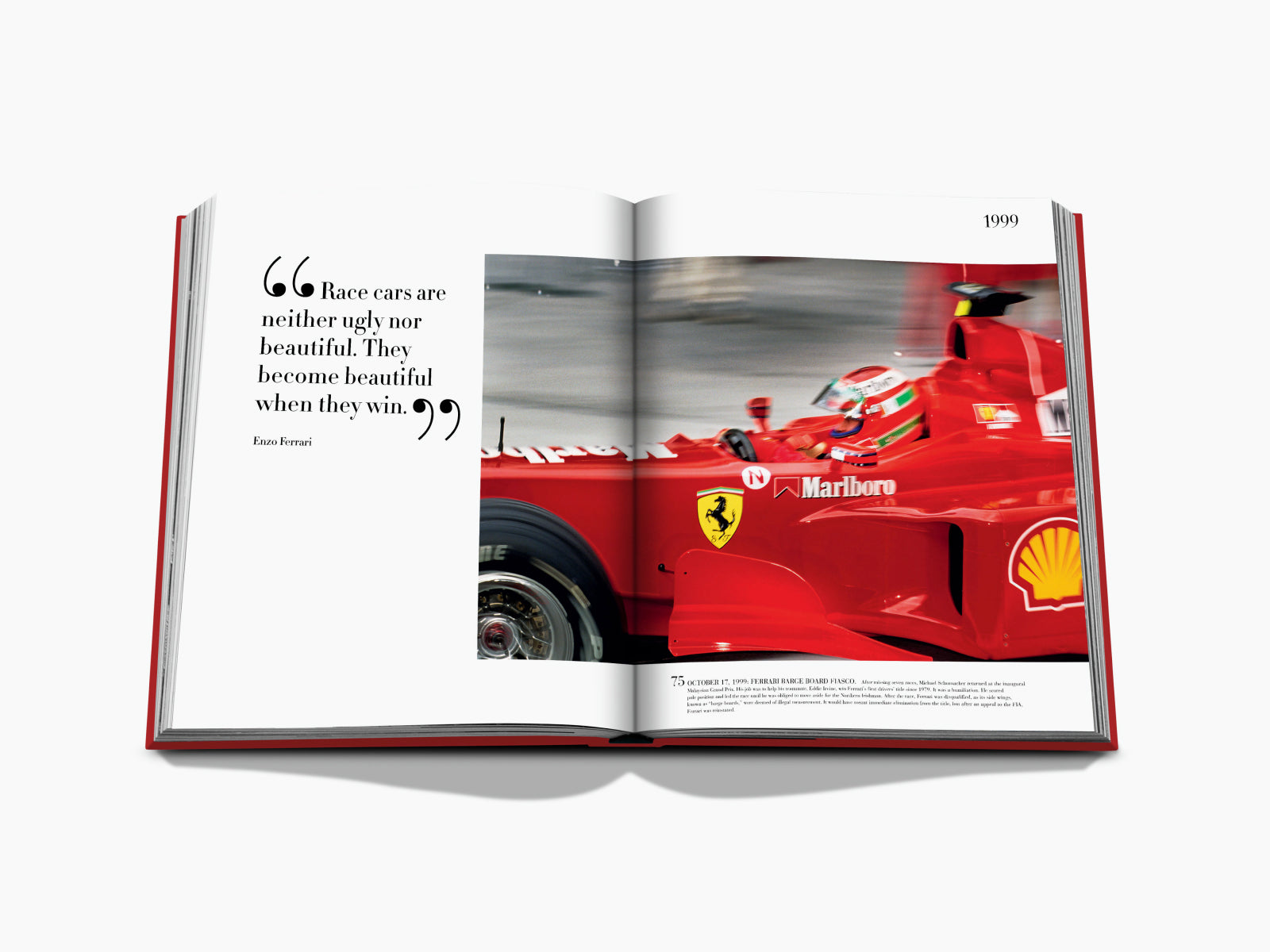 Open book spread showing a red Ferrari Formula 1 car on the right page and a quote on the left page