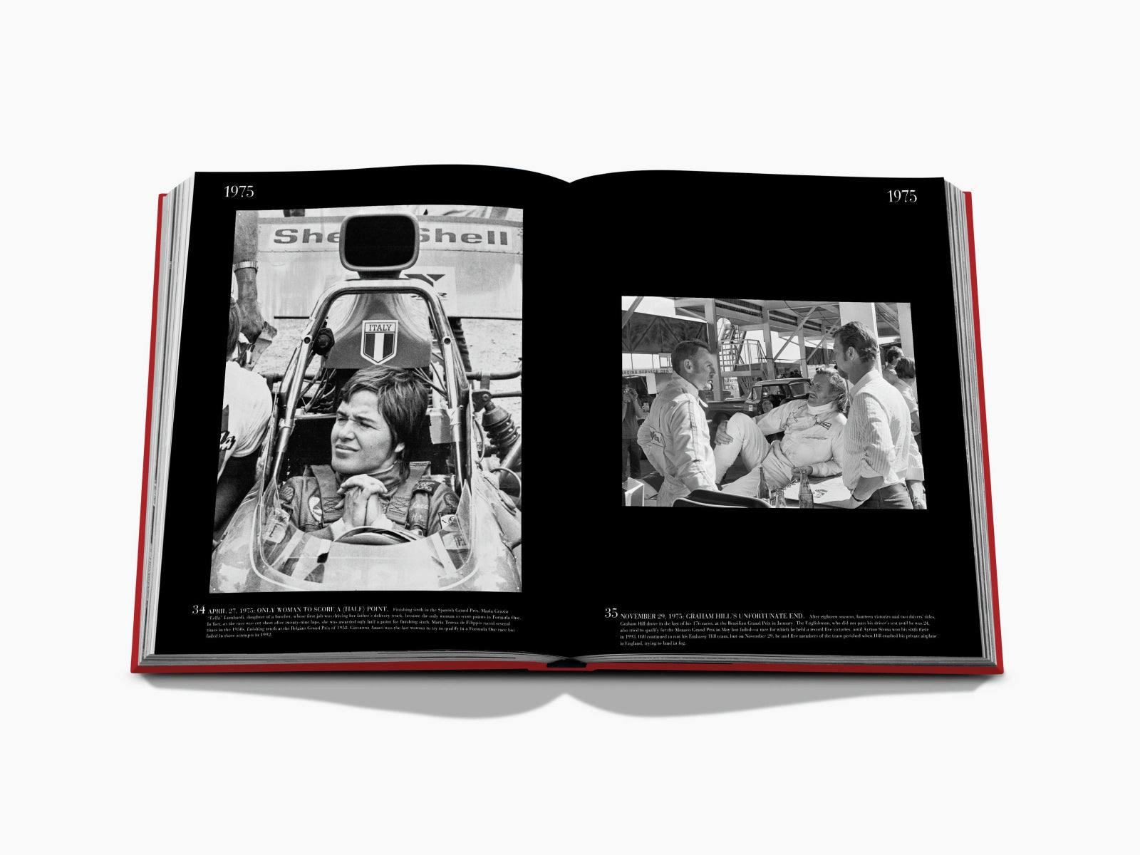Black two-page spread from 1975 with archival Formula 1 photos including a driver in cockpit and pit crew in conversation