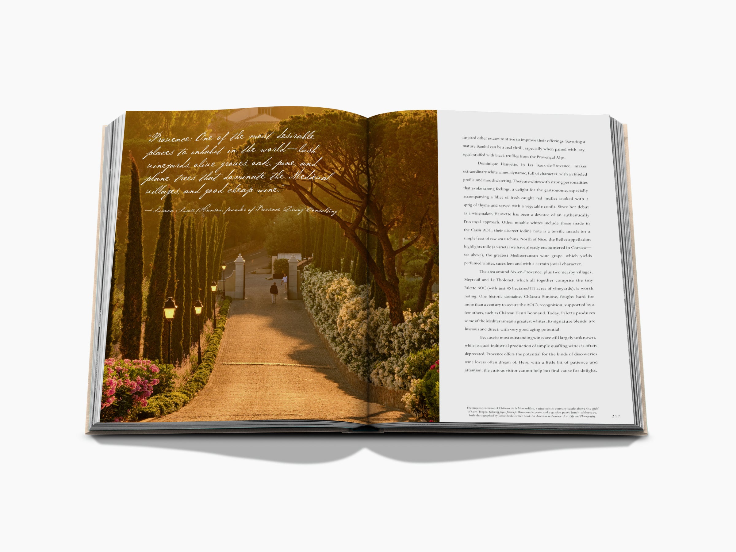 Provence two page spread featuring a sunlit garden path on the left and text on the right